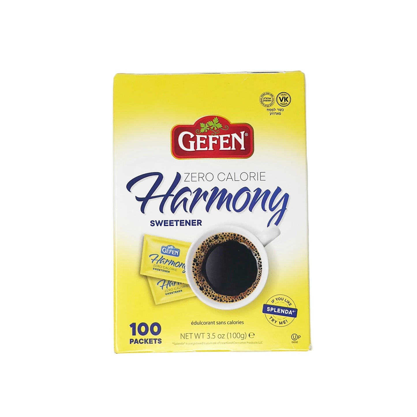 A box of Gefen Harmony Zero Calorie Sweetener with an image of a cup of coffee on the front, highlighting the product's use and net weight of 3.5 oz (99g).