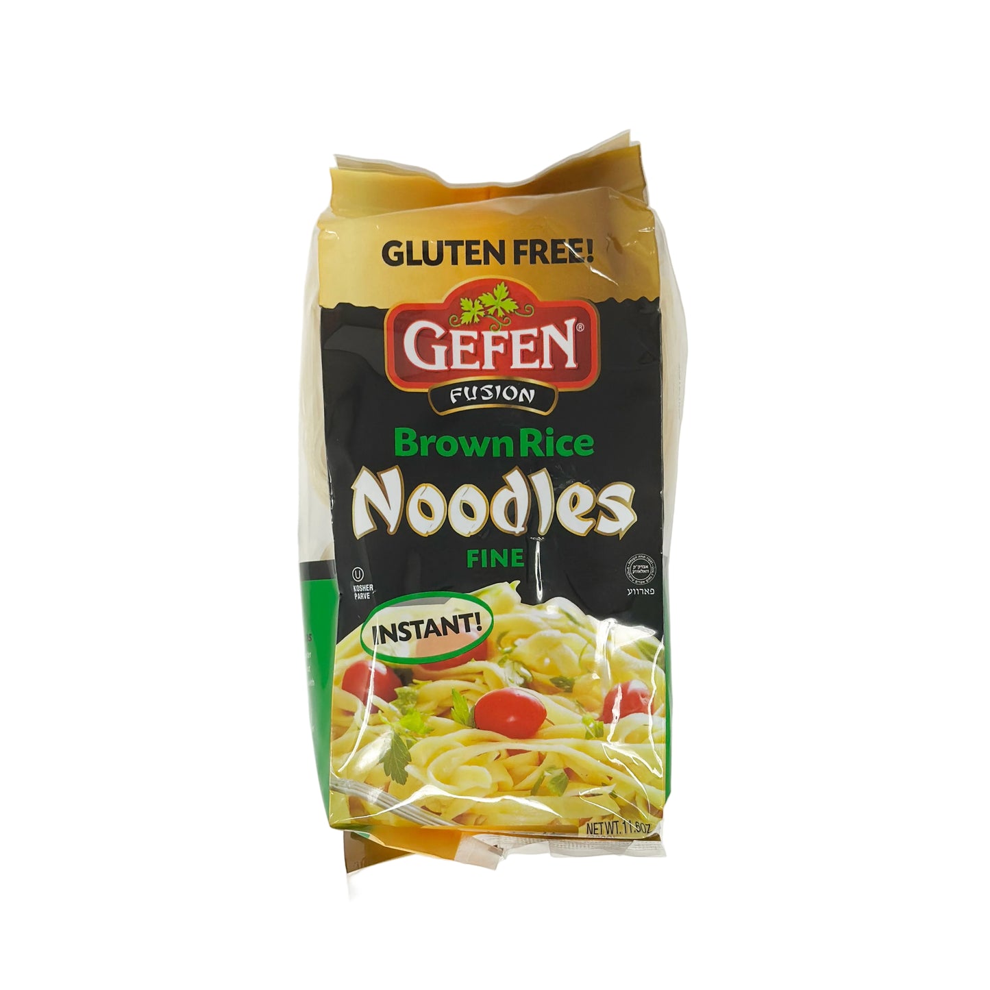 Packaging of Gefen Brown Rice Noodles Fine, indicating gluten-free and instant pasta product.