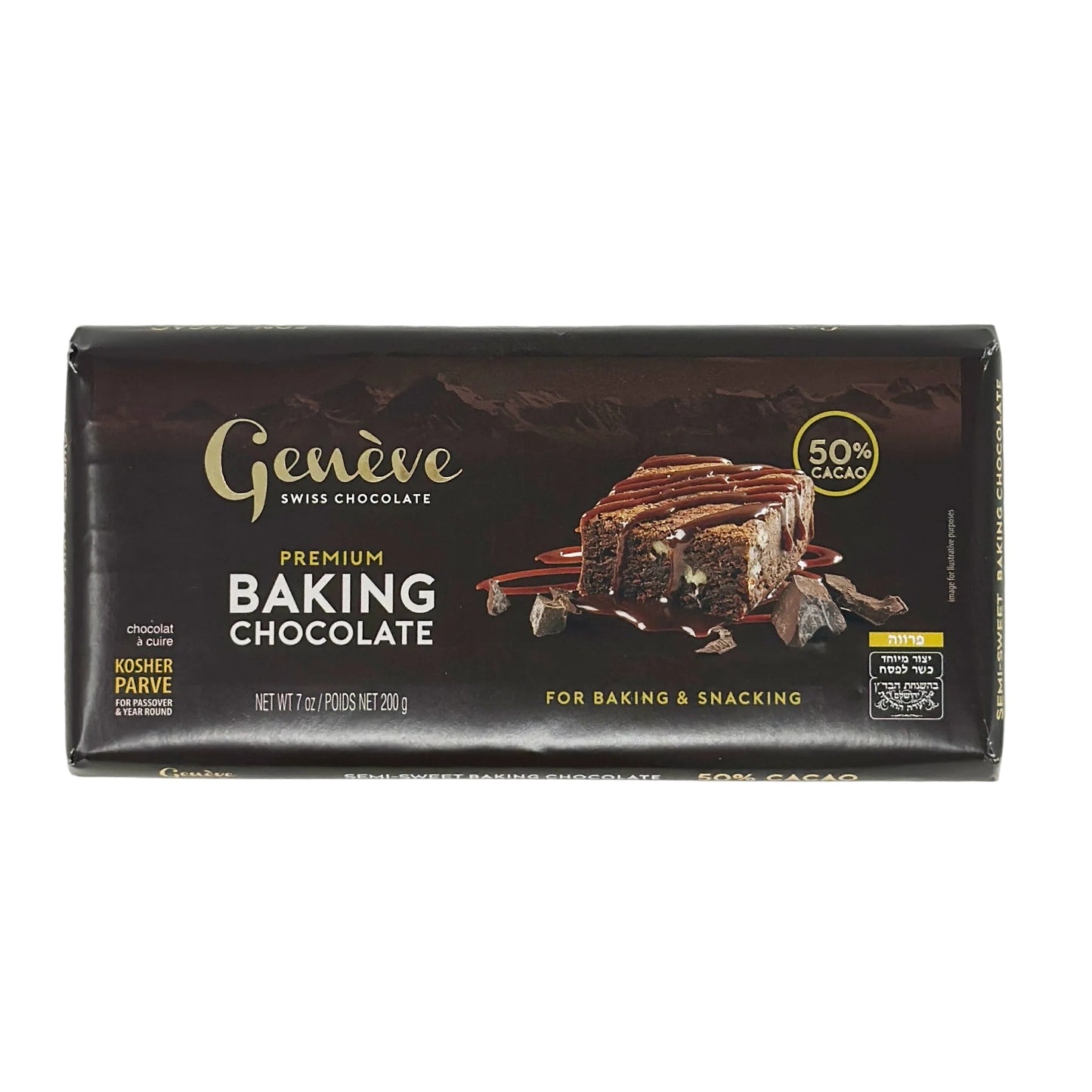A bar of Geneve Premium Baking Chocolate, 7 oz, with packaging that highlights its use for baking.