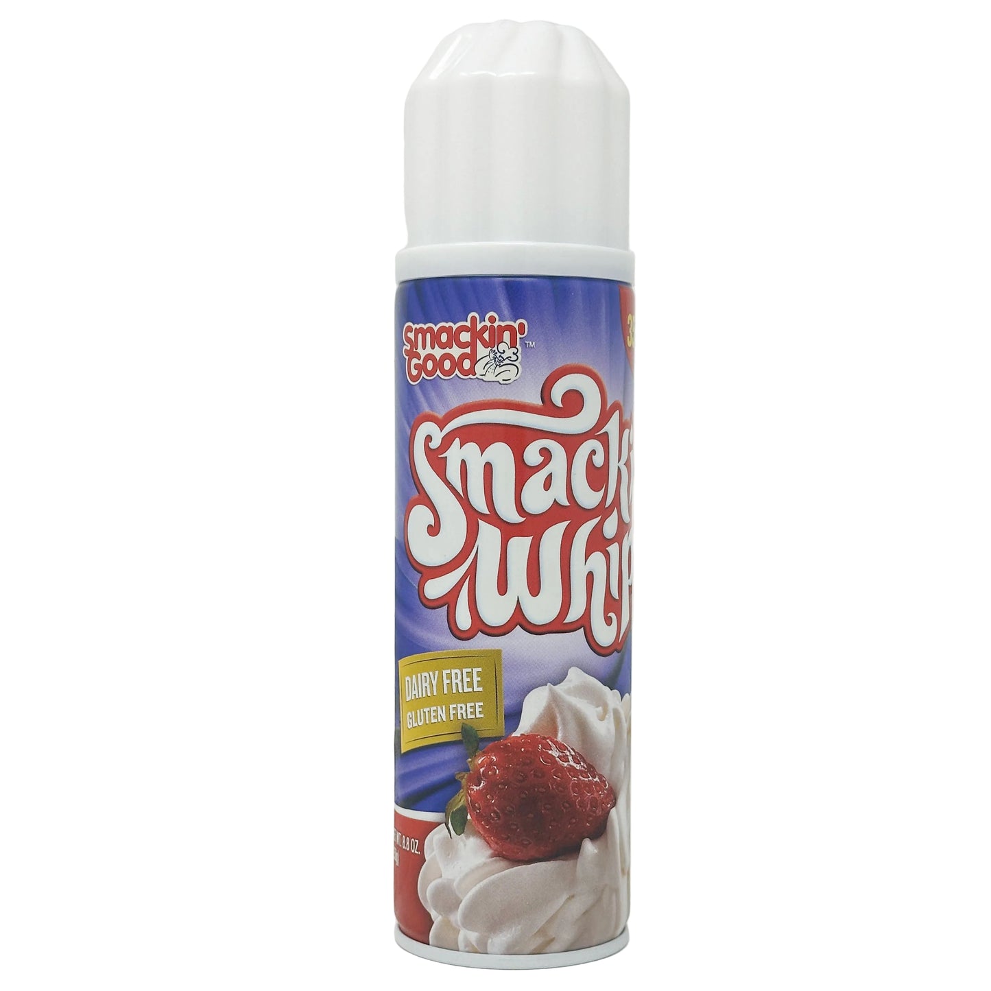 A can of Smackin' Good Smackin' Whip Non-Dairy whipped cream, featuring the product name and an image of a whipped cream topped with strawberries.