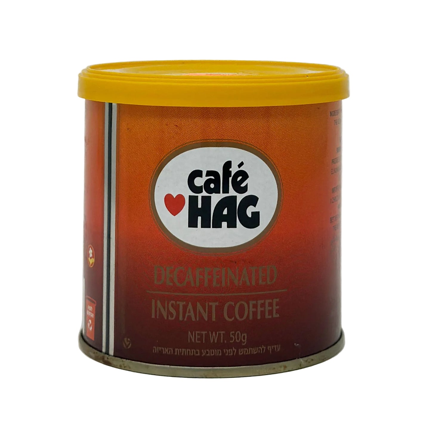 A can of Elite Cafe Hag Decaf Instant Coffee with a yellow lid and brown label, indicating the coffee is decaf instant and comes in a 1.7 oz size.