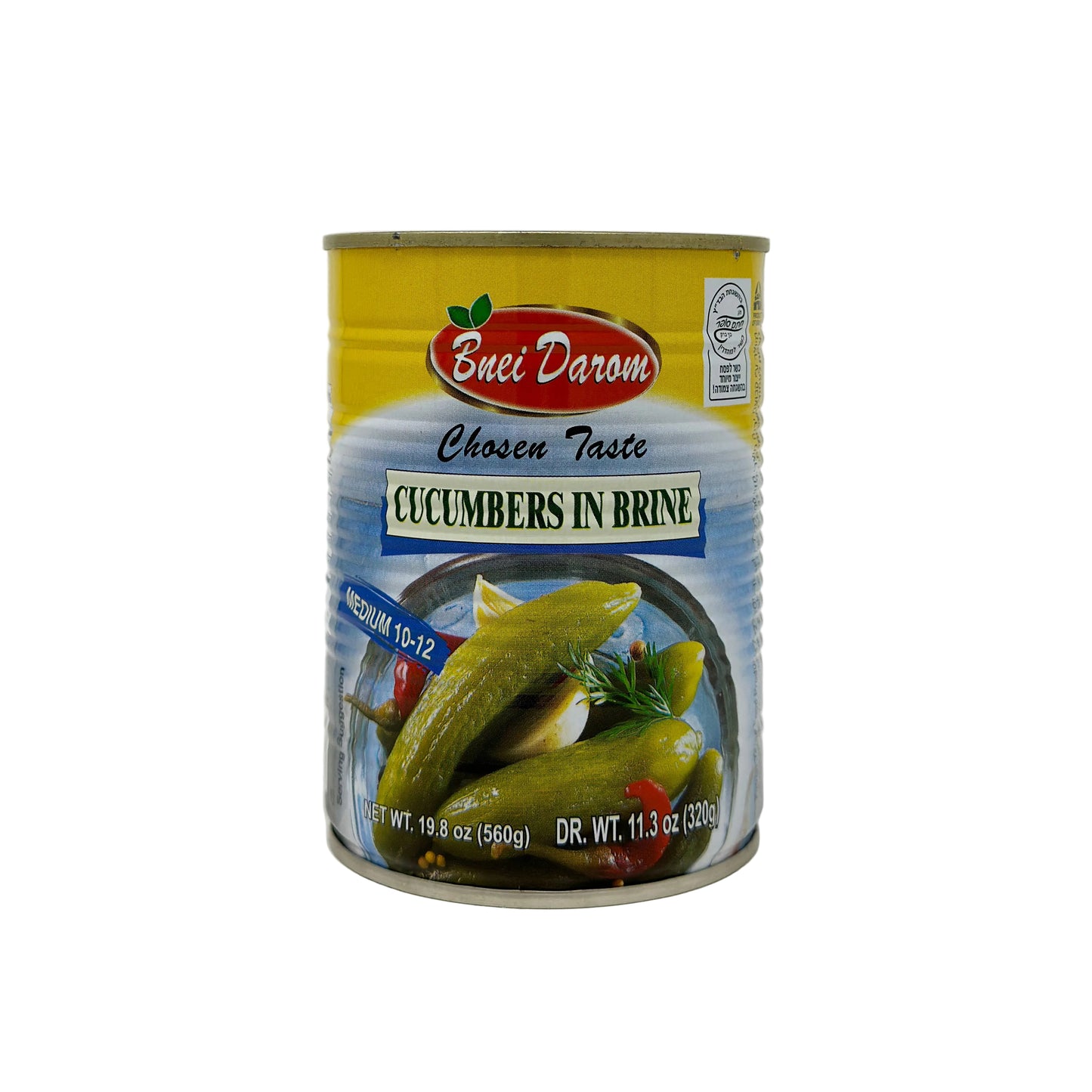 A can of Bnei Darom Cucumbers In Brine, displaying the product name and image of the cucumbers in a brine solution.