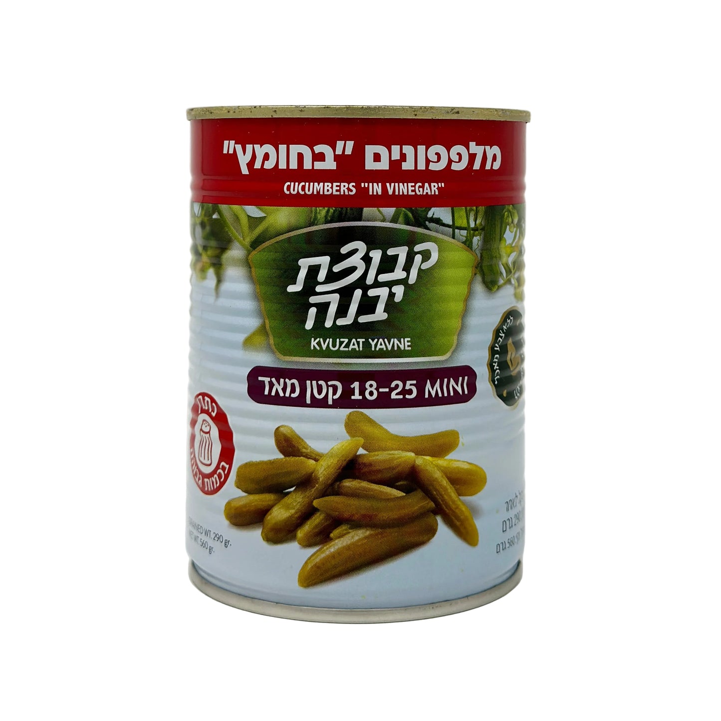 A can of Kvuzat Yavne Cucumber In Vinegar Mini 19.7 oz with a picture of the cucumbers on the label.