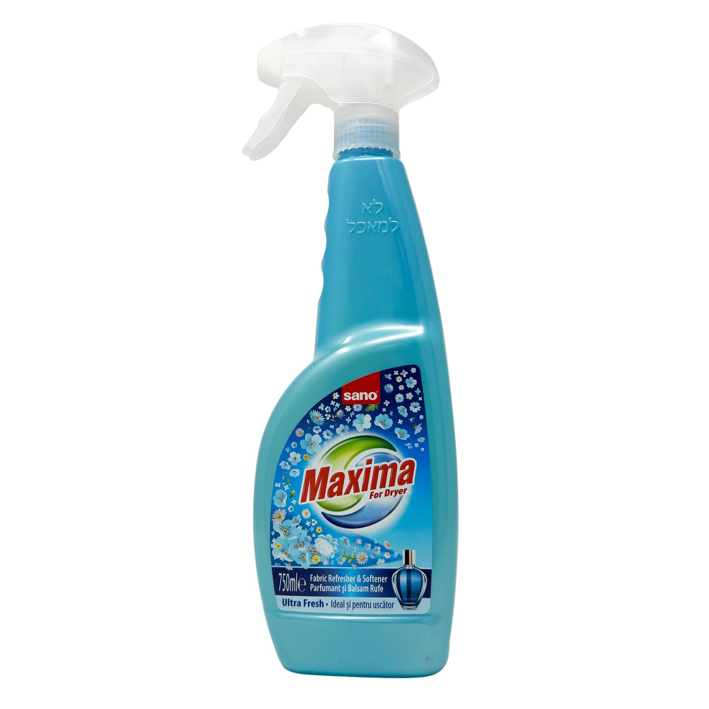 A blue bottle of Sano Maxima Ultra Fresh Refresher & Softener with a spray nozzle, against a white background.