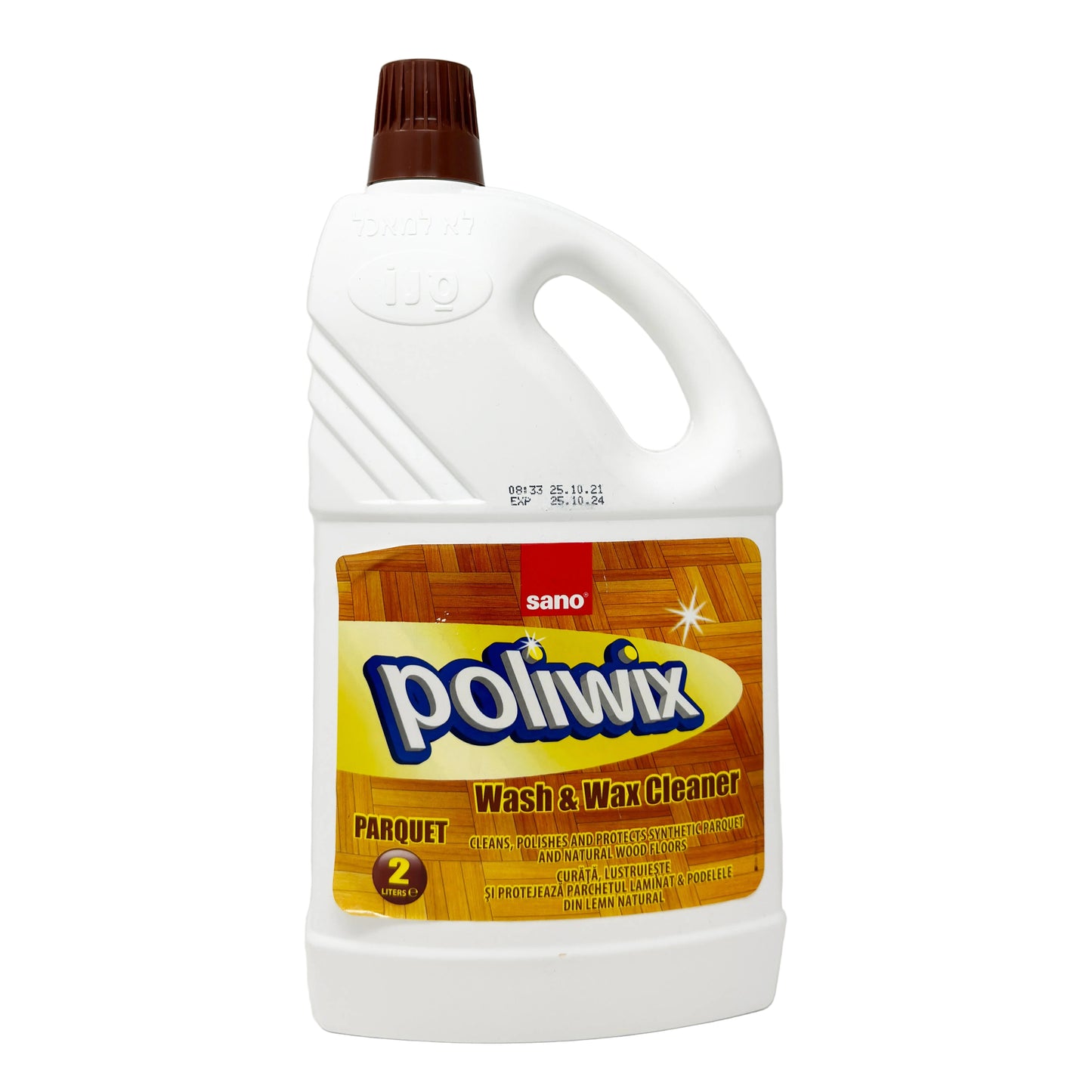 A bottle of Sano Poliwix Parquet Wash & Wax Cleaner with a white and yellow label, 2L size.