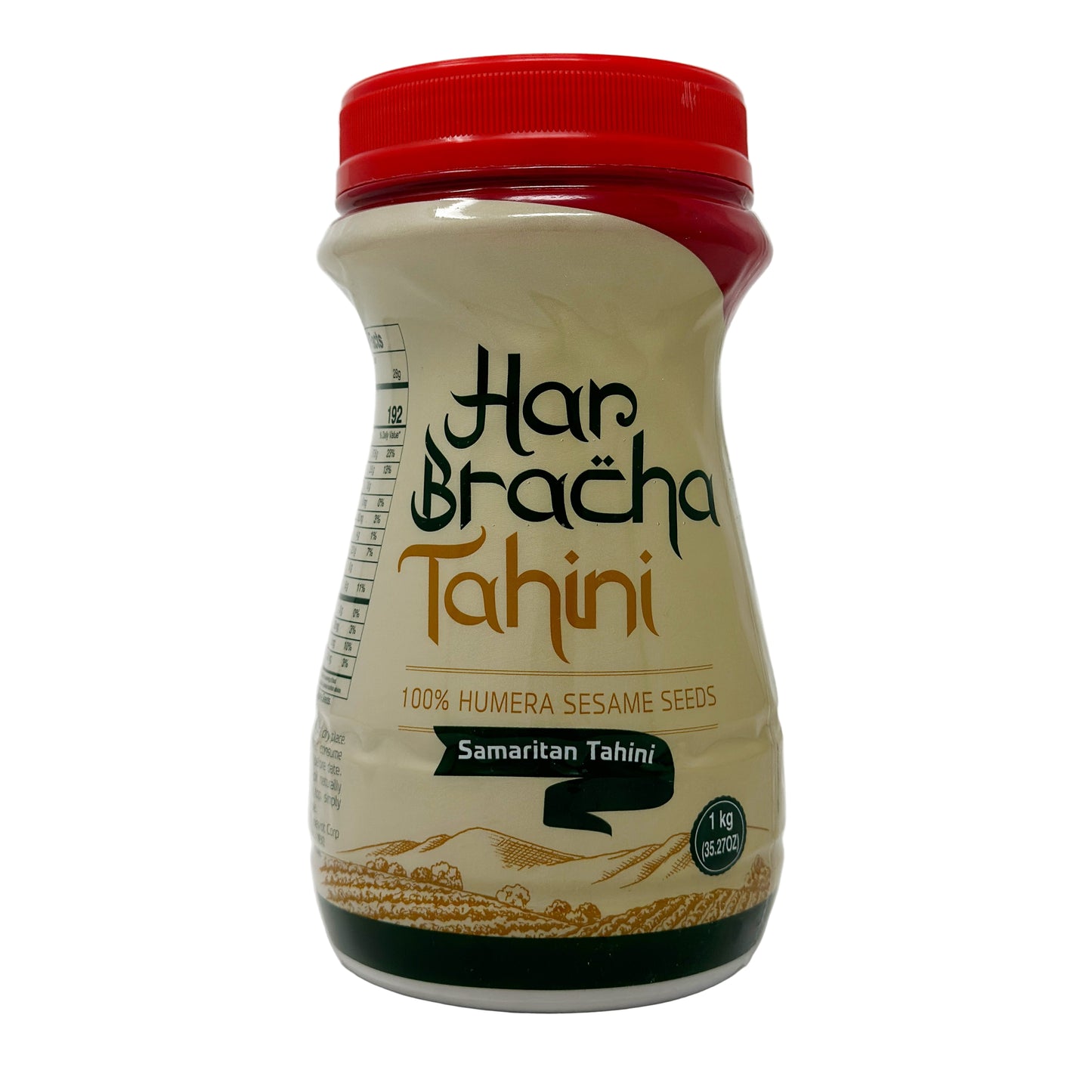 A jar of Har Bracha Samaritan Tahini, with a red lid and a label that includes the brand name and the text '100% Hummus Seeds'. The background is white.