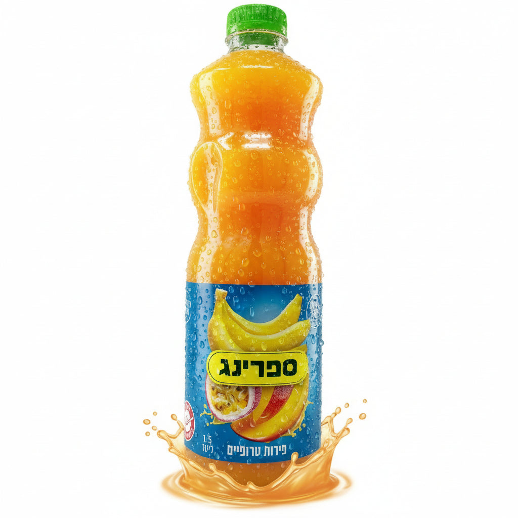 A plastic bottle of Spring Tropical Fruit Juice with a label showing the brand and images of bananas, oranges, and pineapples, indicating a flavorful mix of exotic fruits.