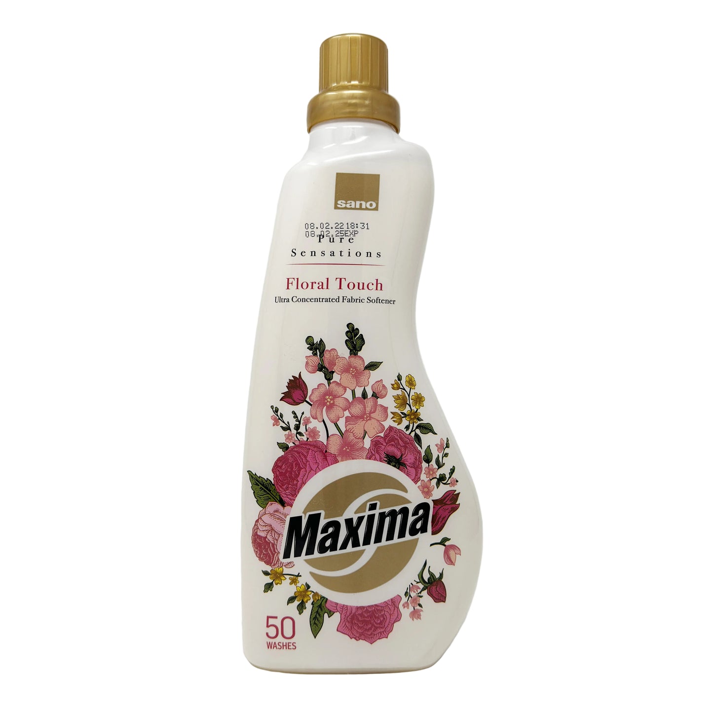 A bottle of Sano Maxima Floral Touch Softener with a floral design and a gold cap.