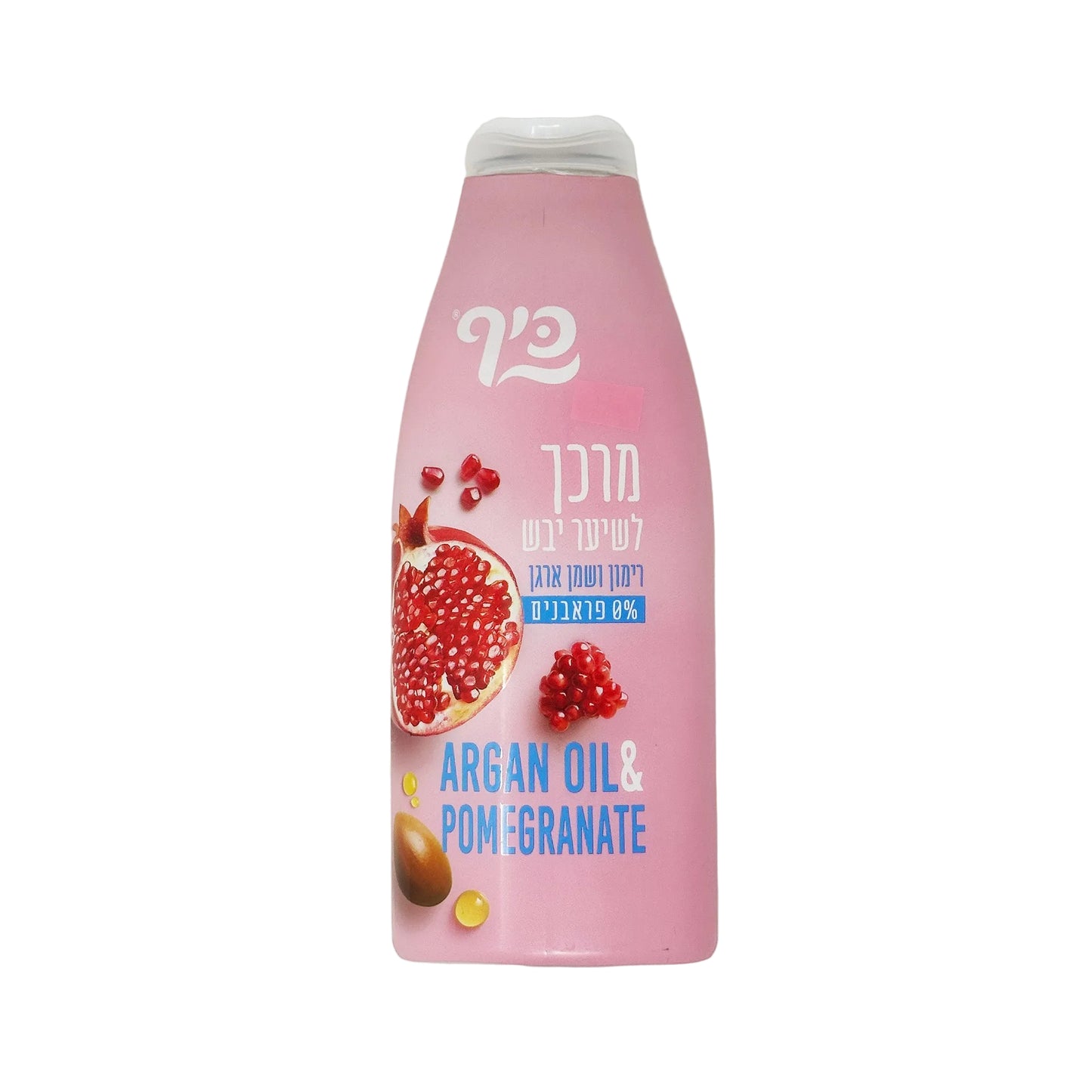 A bottle of Keif Argan & Pomegranate Conditioner, with an argan oil and pomegranate graphic design on the label.