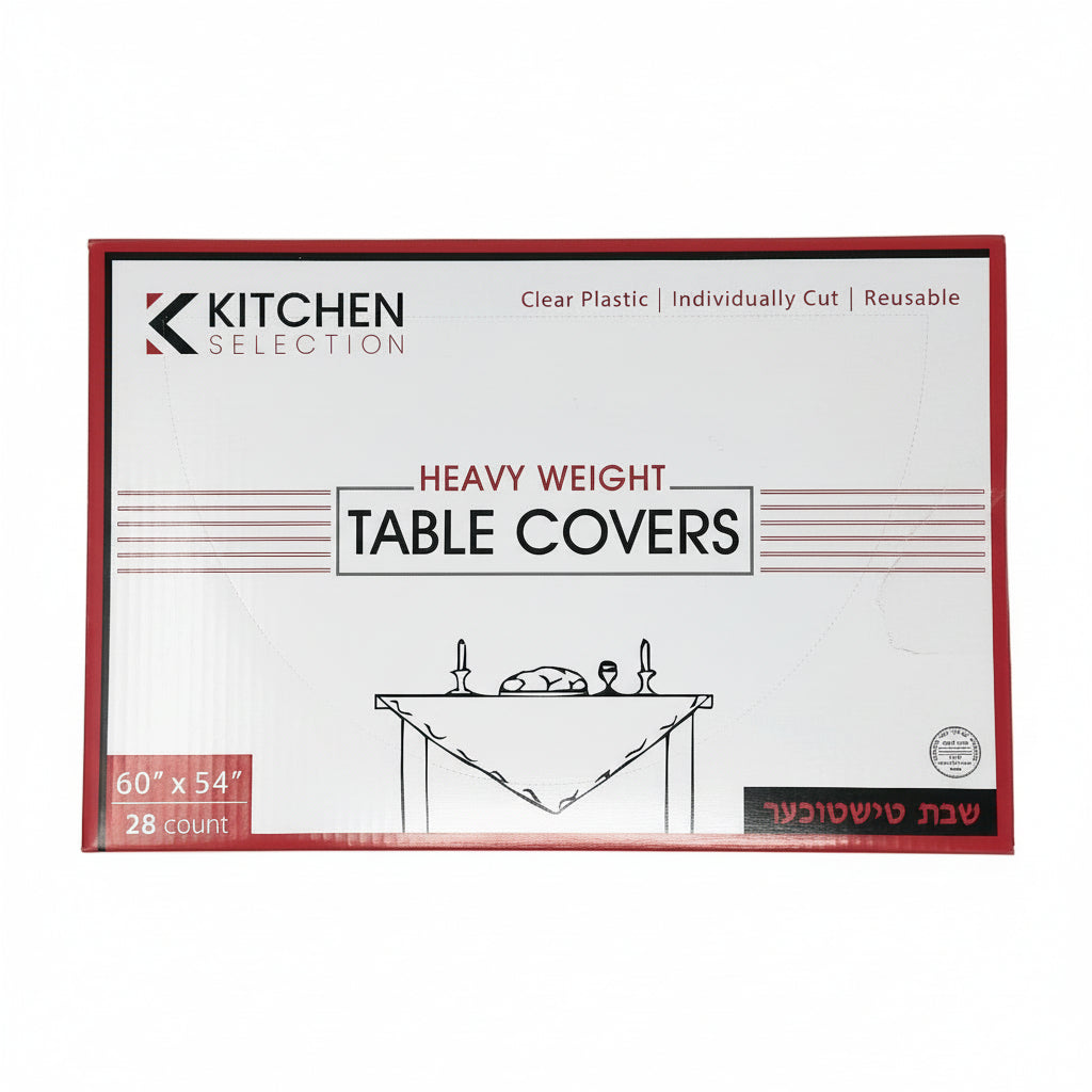 A packaged set of Kitchen Selection clear plastic table covers, with dimensions 60x54 inches, designed for use on dining tables.