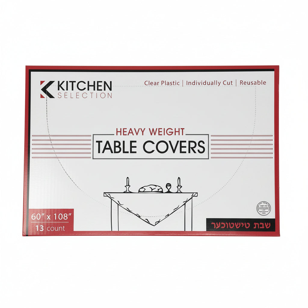 Packaging for Kitchen Selection heavy weight table covers, showing the product name and quantity, with a diagram illustrating the use on a table.