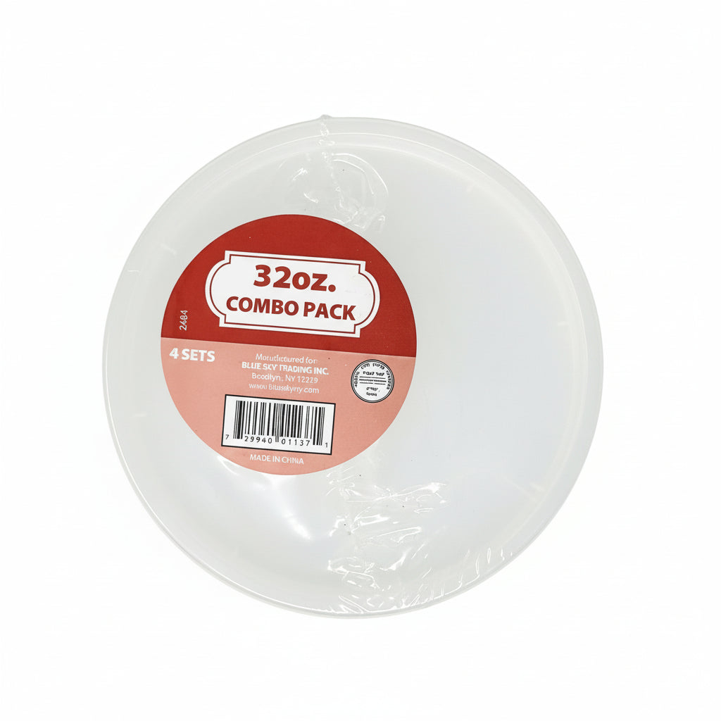 A stack of four Blue Sky 32oz containers with labels indicating the combo pack and BPA-free material.
