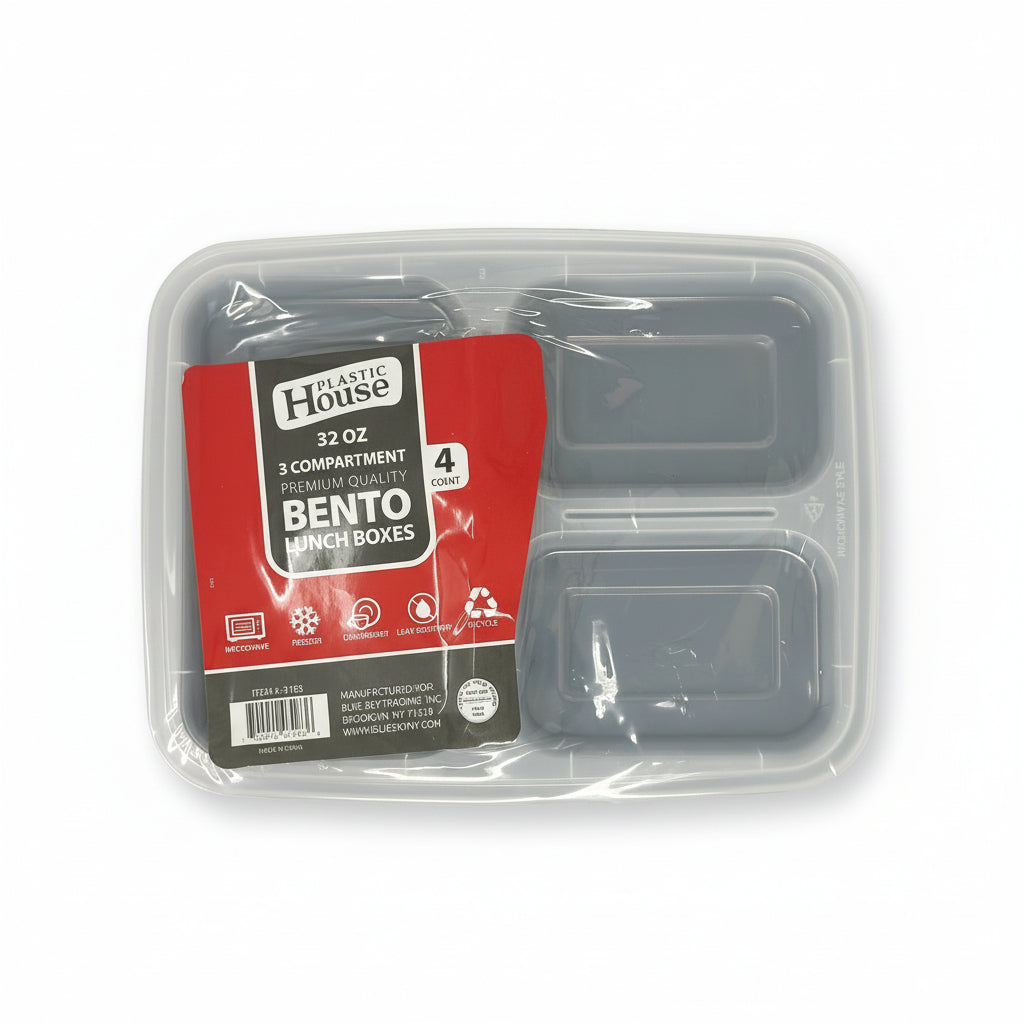 A pack of four gray Plastic House Bento lunch boxes, each with a capacity of 32oz, stacked in a clear plastic packaging with a red and white label on top.