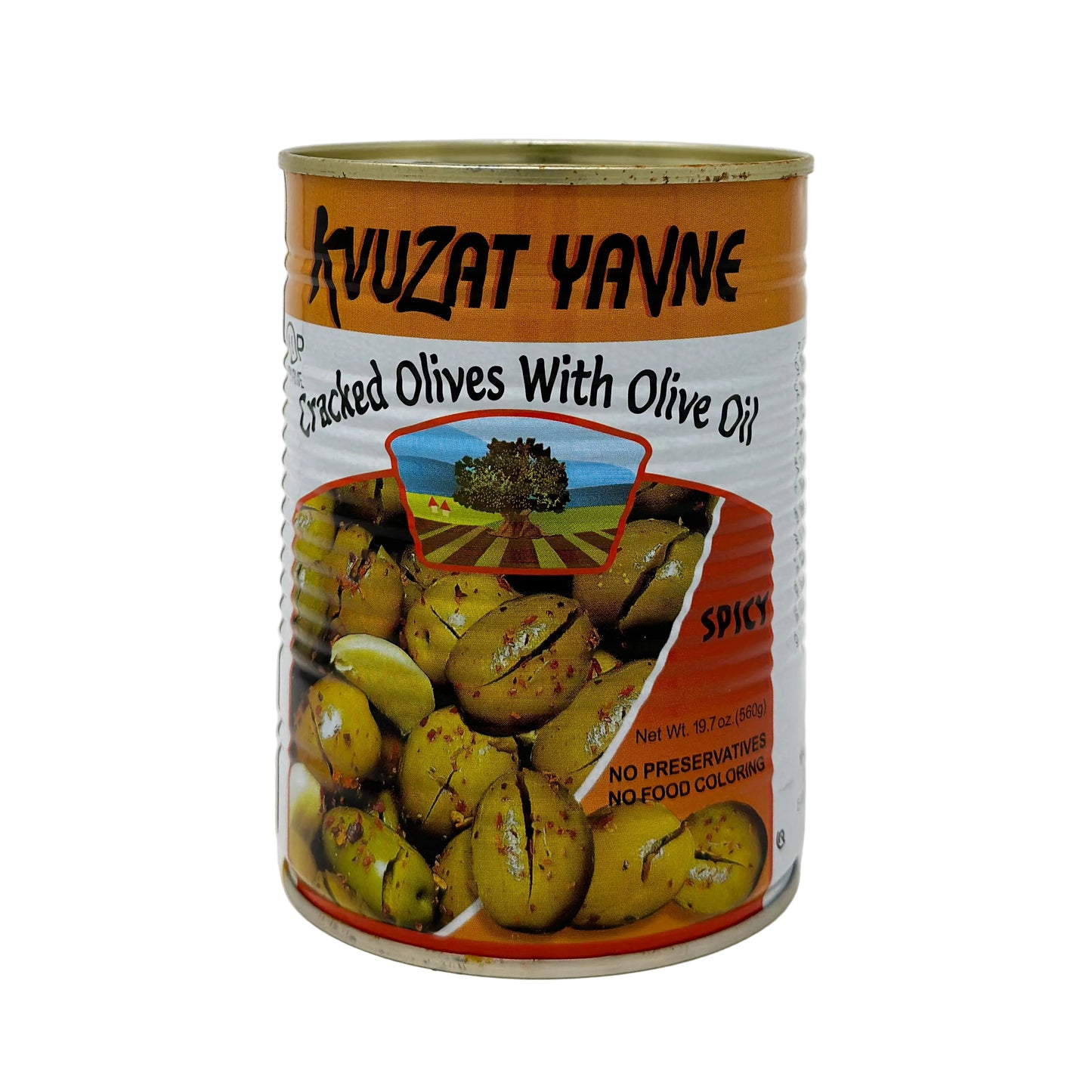 A can of Kvuzat Yavne Cracked Olives with a spicy flavor, 19.7 oz.
