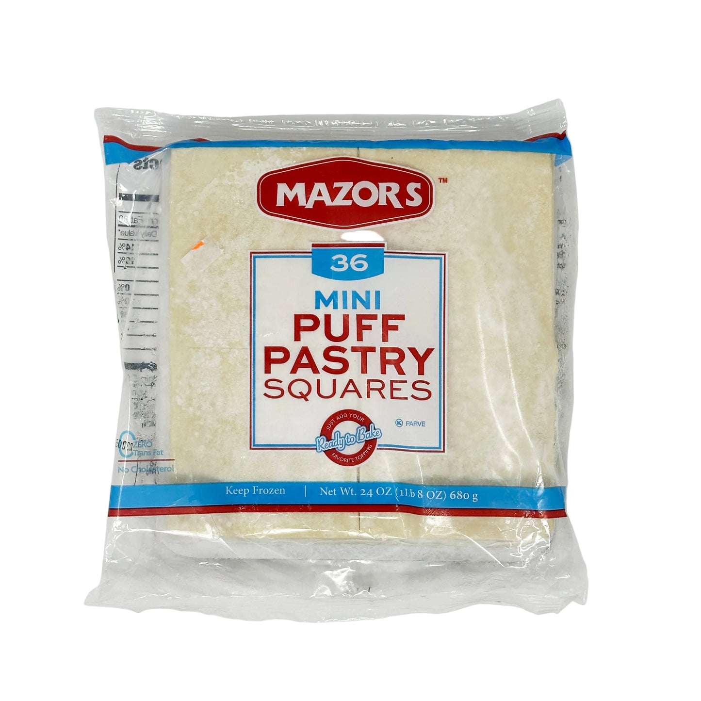 Packaged Mazor's Mini Puff Pastry Squares in a plastic bag with the brand and product name displayed on the label.