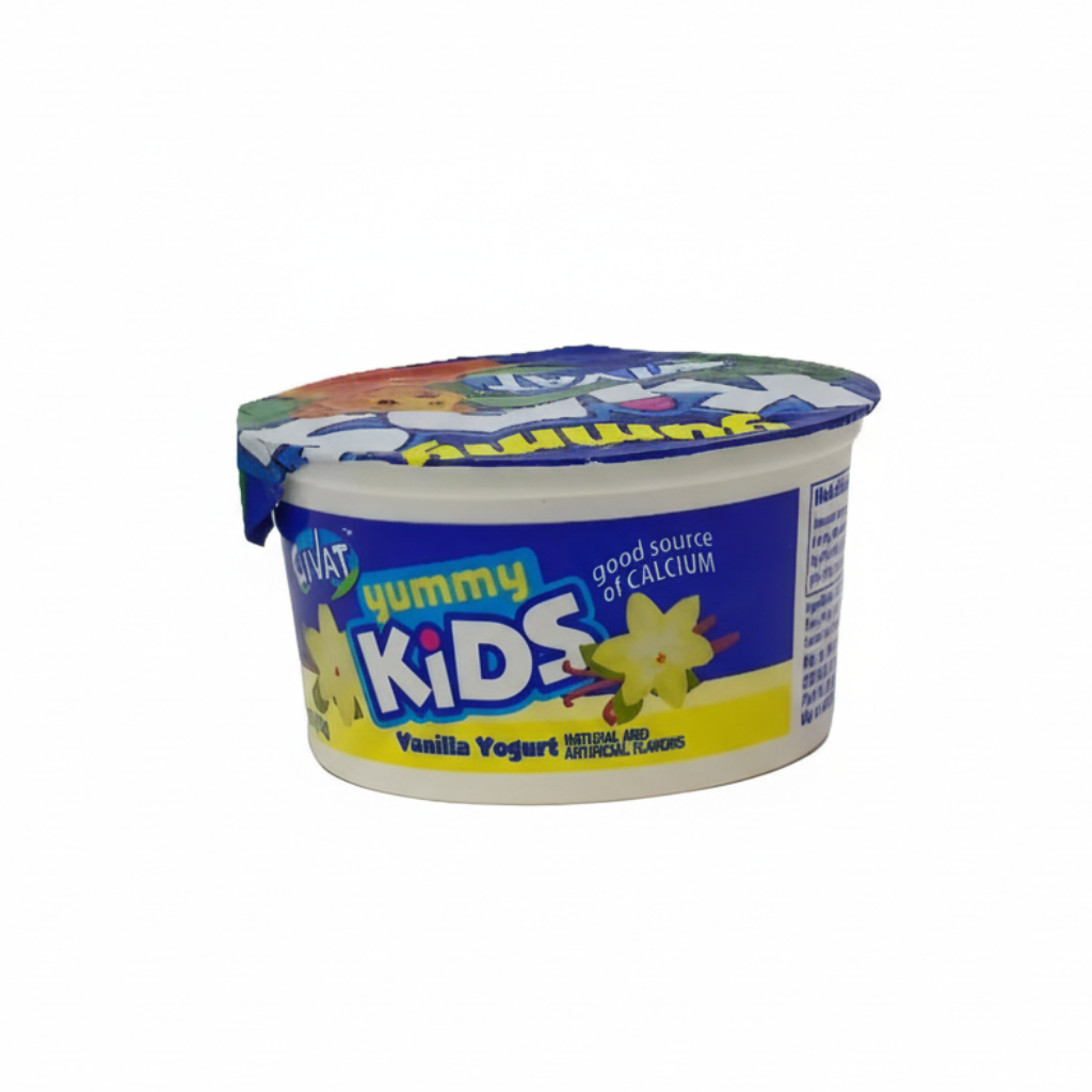 Yoplait yummy Kids vanilla yogurt container on a gray background