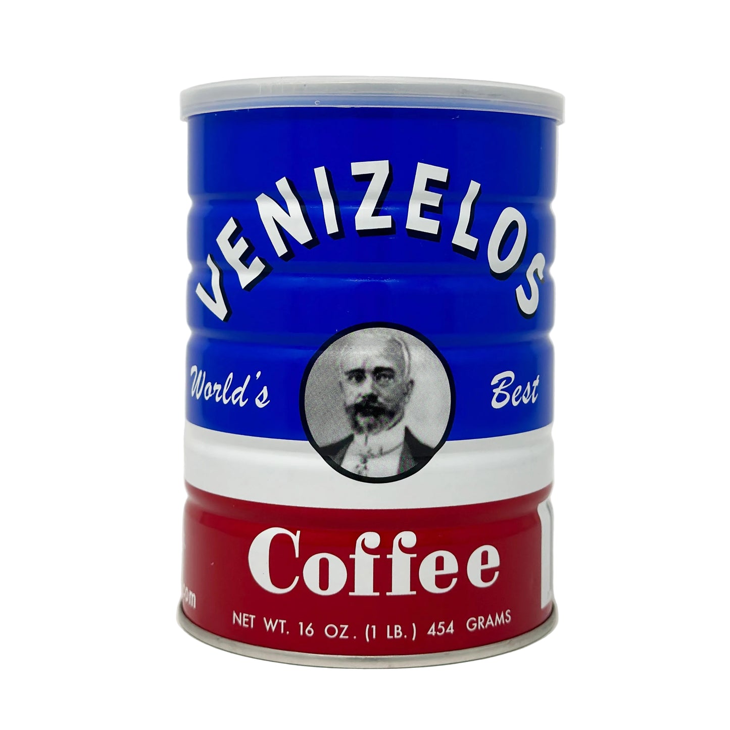 A can of Venizelos World's Best Coffee, 16 oz size, with a blue and white design featuring a portrait of a man's face.