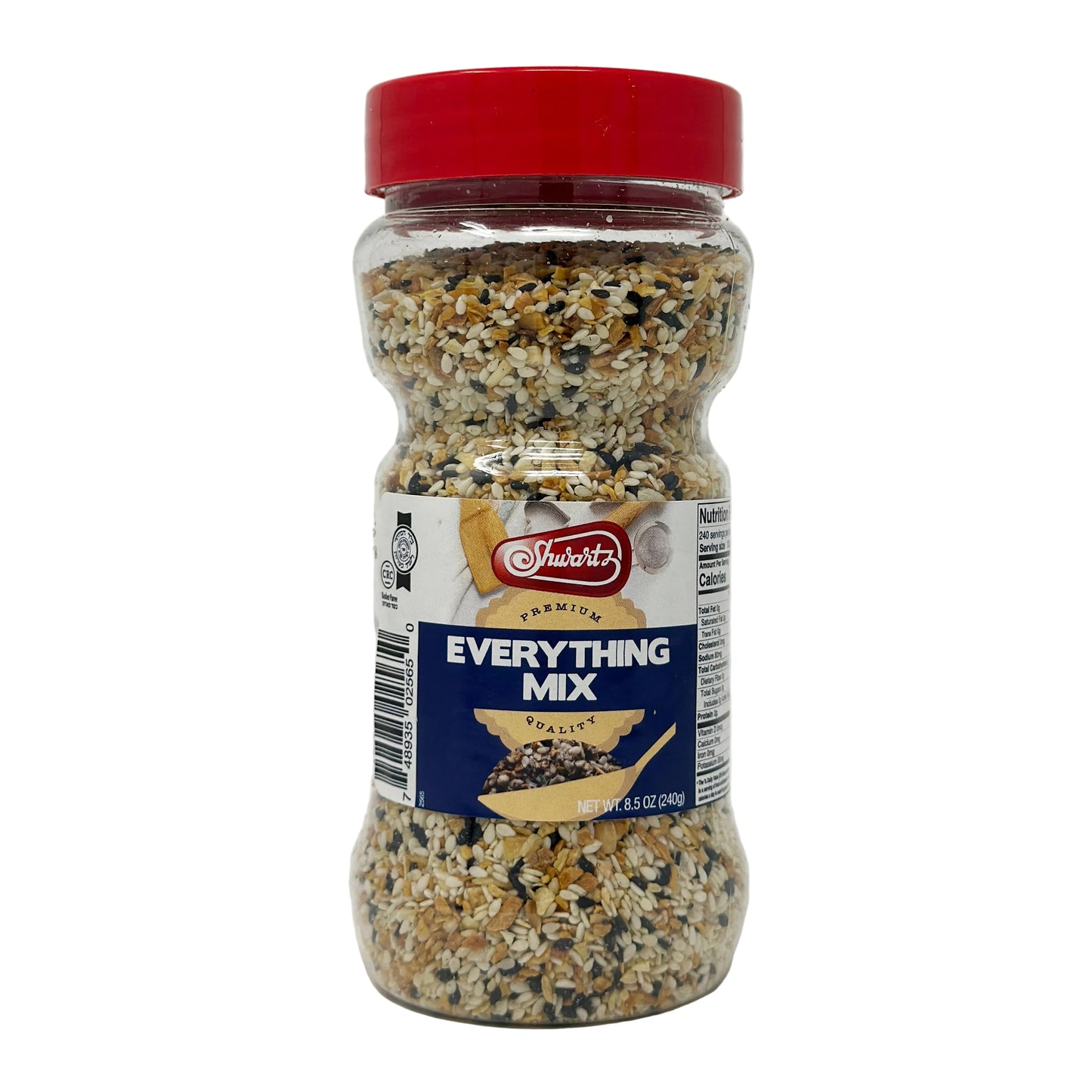 A bottle of Shwartz Everything Mix, a versatile seasoning blend, with a red cap and label displaying the product name and an image of a spoon with seasoning.