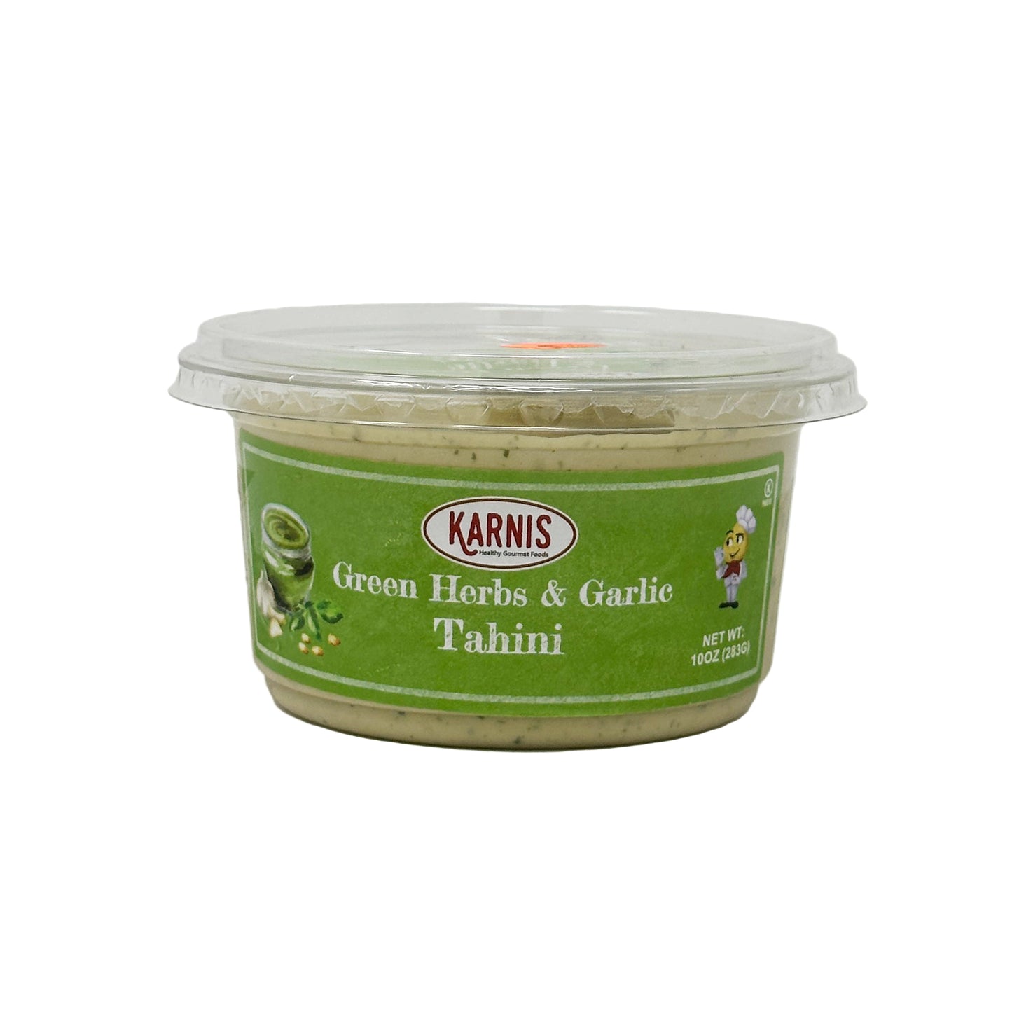 A 10 oz container of Karnis Tahini Green Herbs & Garlic with a green label and orange lid.