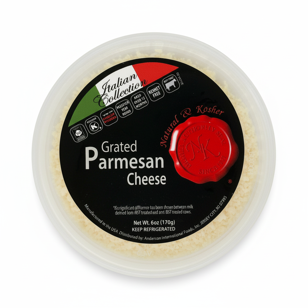 Container of grated Parmesan cheese with a label on a white background