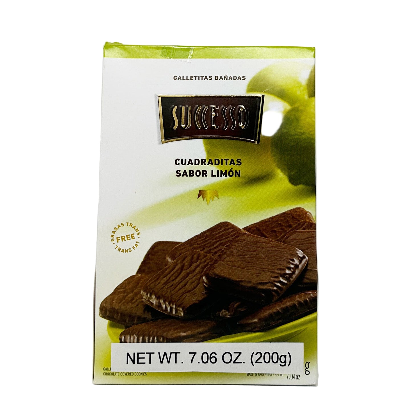 A package of Successo Cuadraditas Lemon flavored chocolate-covered cookies. The package is 7.