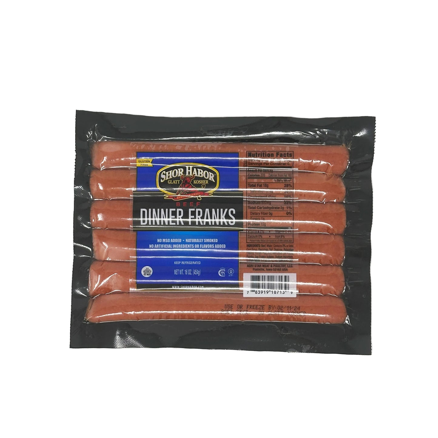 Packaged Shor Habor Beef Dinner Franks hot dogs, 16 oz.