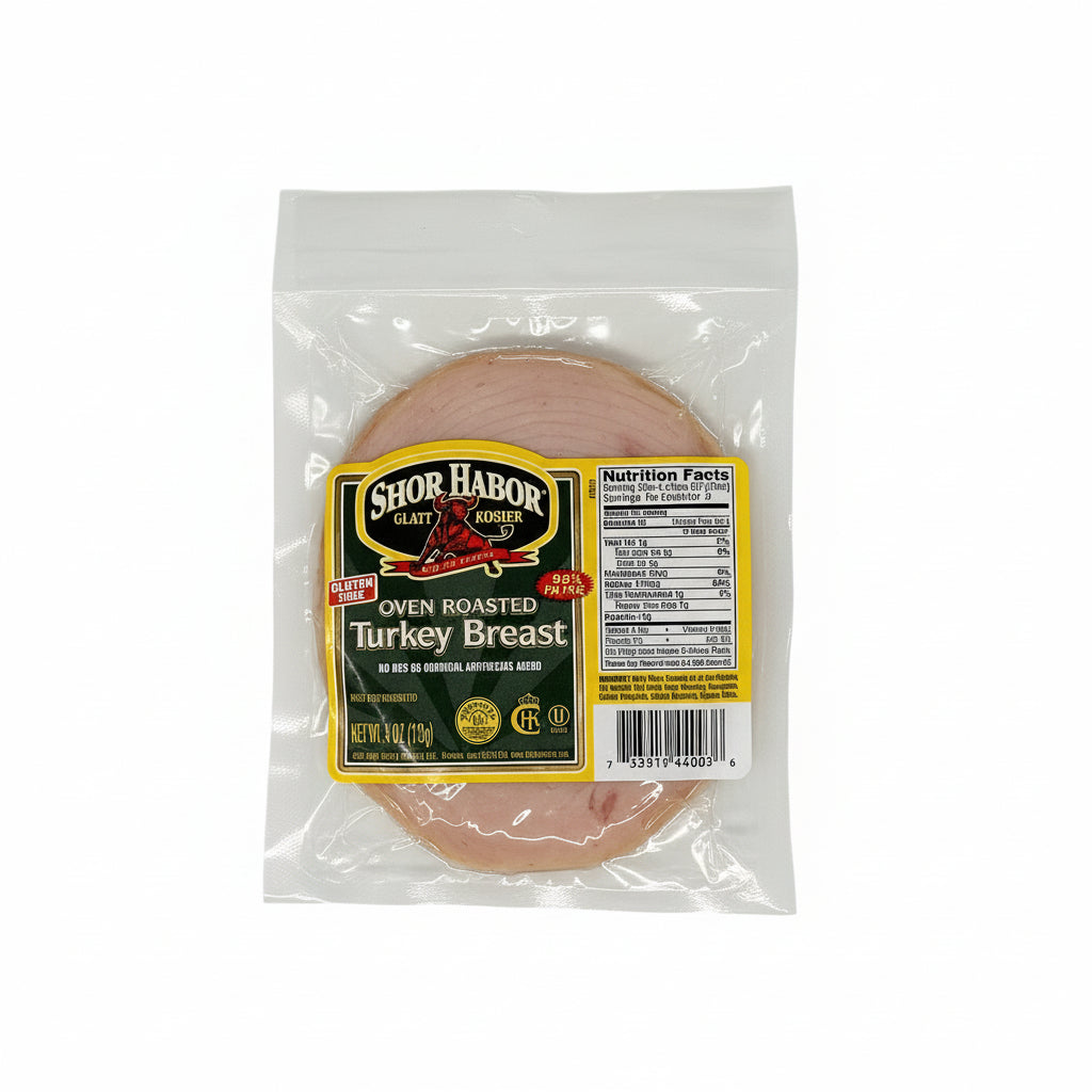 Packaged Shor Habor Oven Roasted Turkey Breast in a clear plastic wrapping with product information and branding visible.