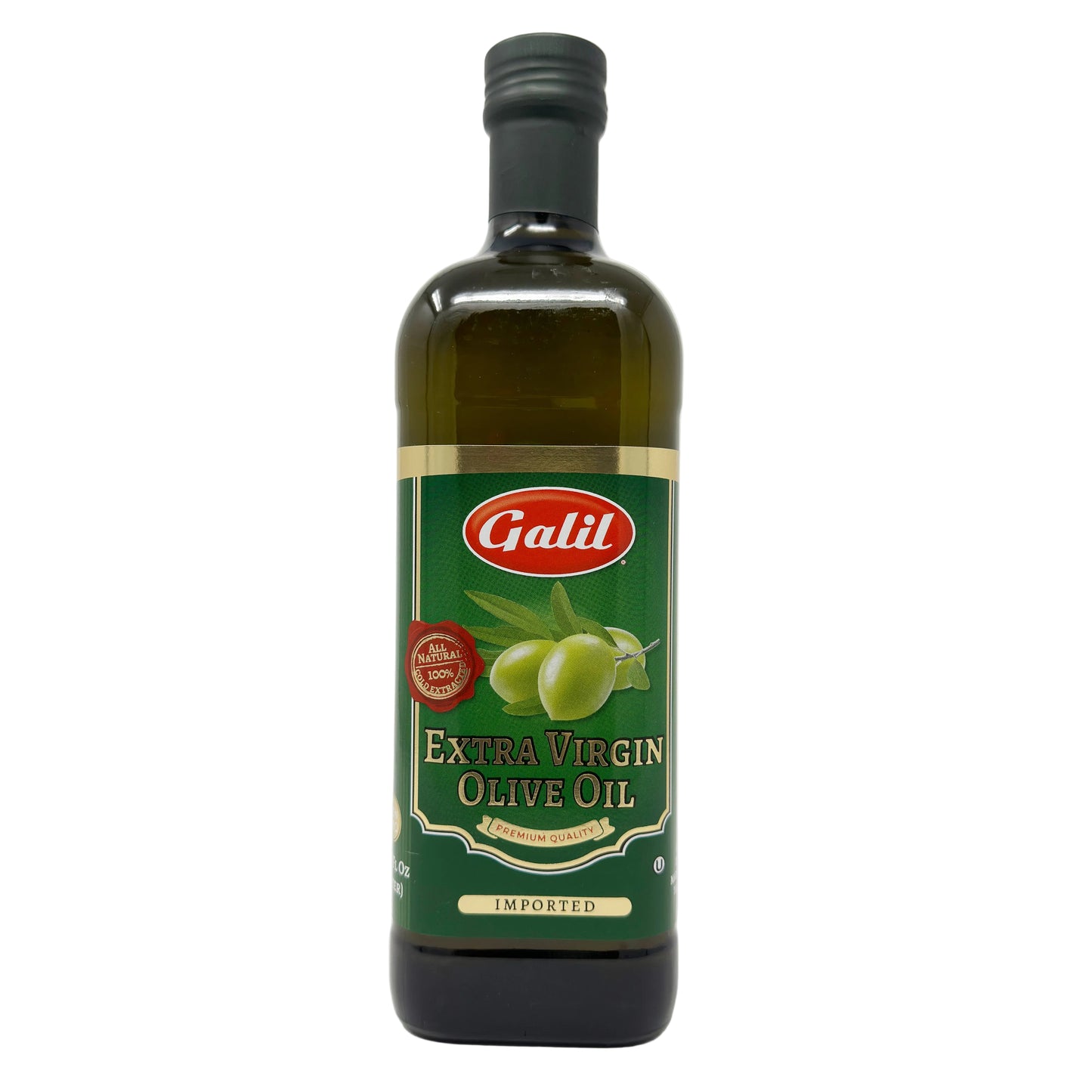 A bottle of Galil Extra Virgin Olive Oil, 33.8 oz size, with a green label and a picture of olives.