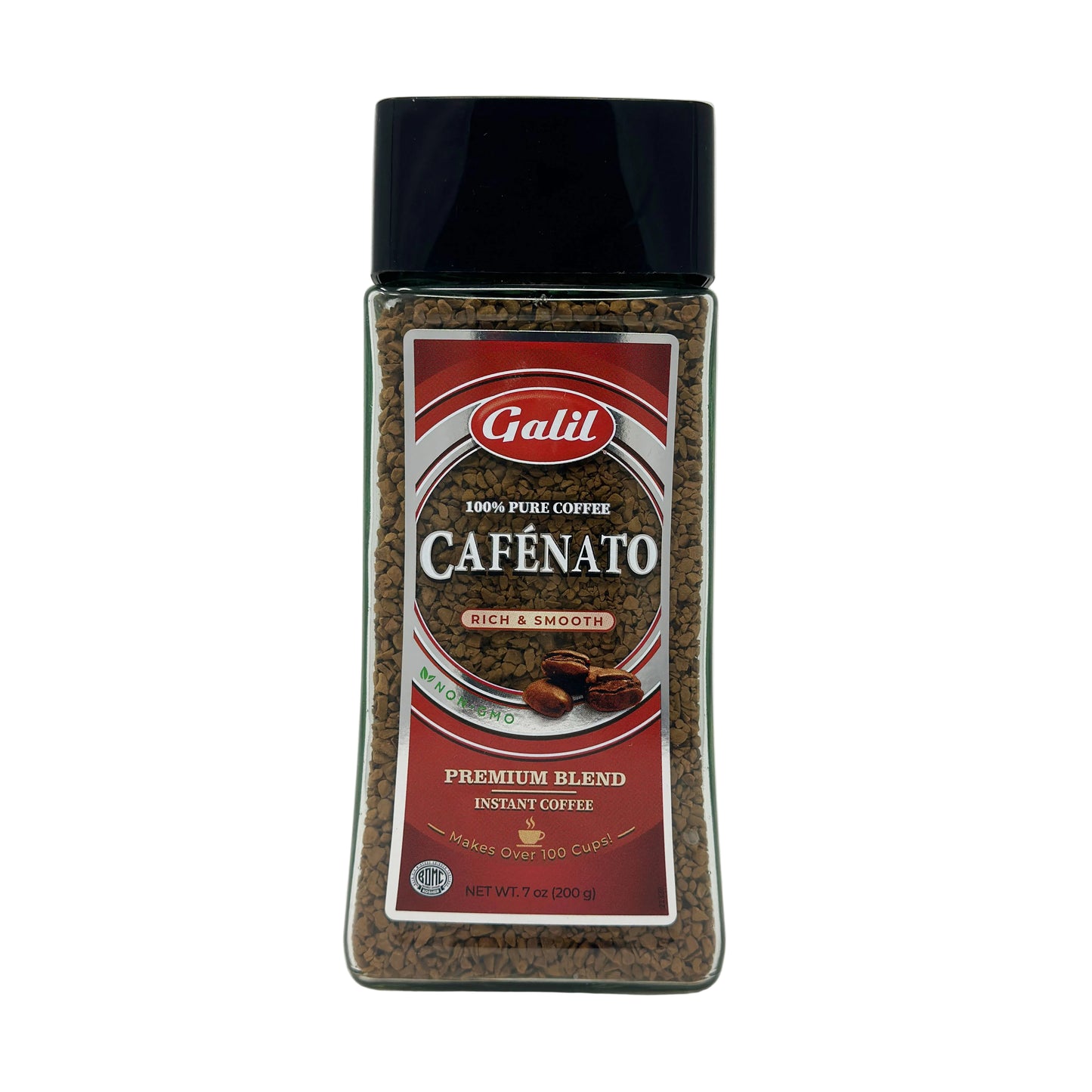 A bottle of Galil Cafenato Instant Coffee, 7 oz size, with the label showing the brand name and 'Premium Blend'. The bottle is clear, allowing the brown instant coffee granules to be visible inside.