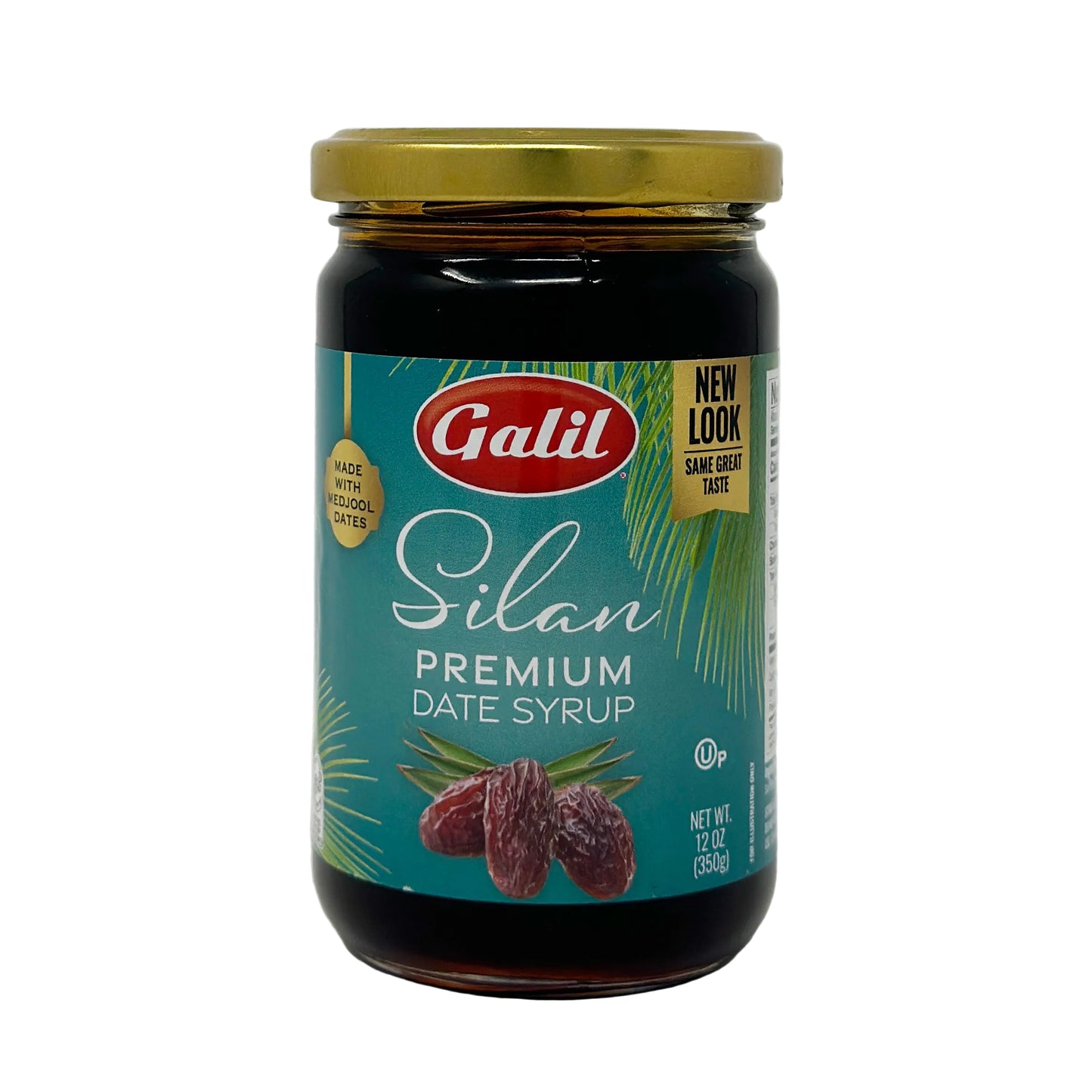 A glass jar of Galil Silan Premium Date Syrup with a label showing dates and the brand name. The cap is metallic, possibly silver, and the bottle is on a white background.