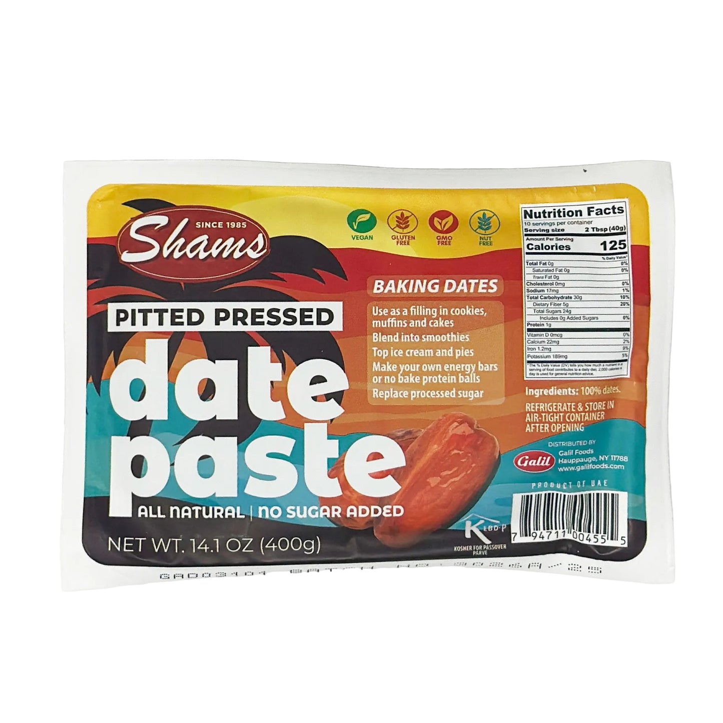 Packaging of Shams Pitted Pressed Date Paste, 14.1 oz size, with branding and product information.