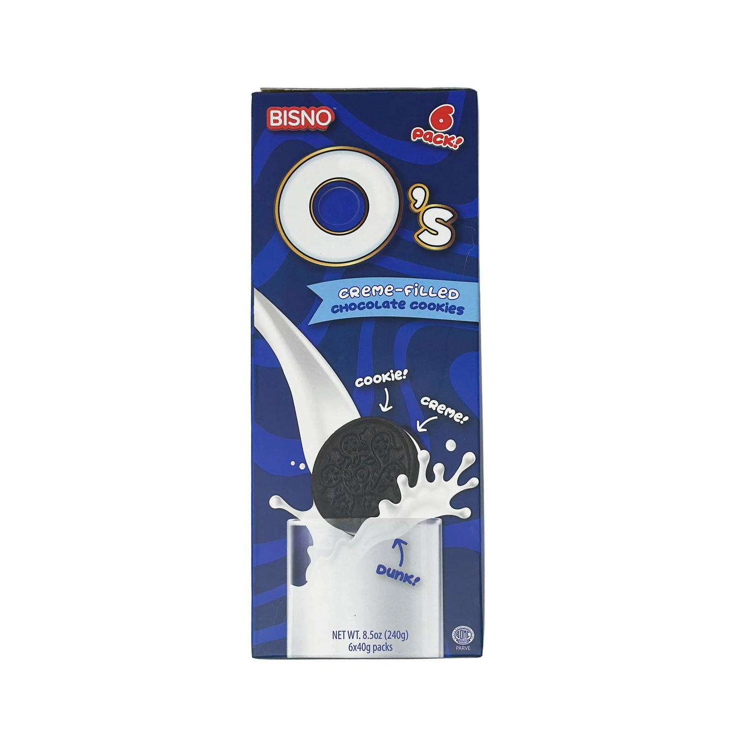 A package of Bisno O's chocolate cookies, with the cookies depicted on the front of the box along with a cartoon representation of a cookie and milk.
