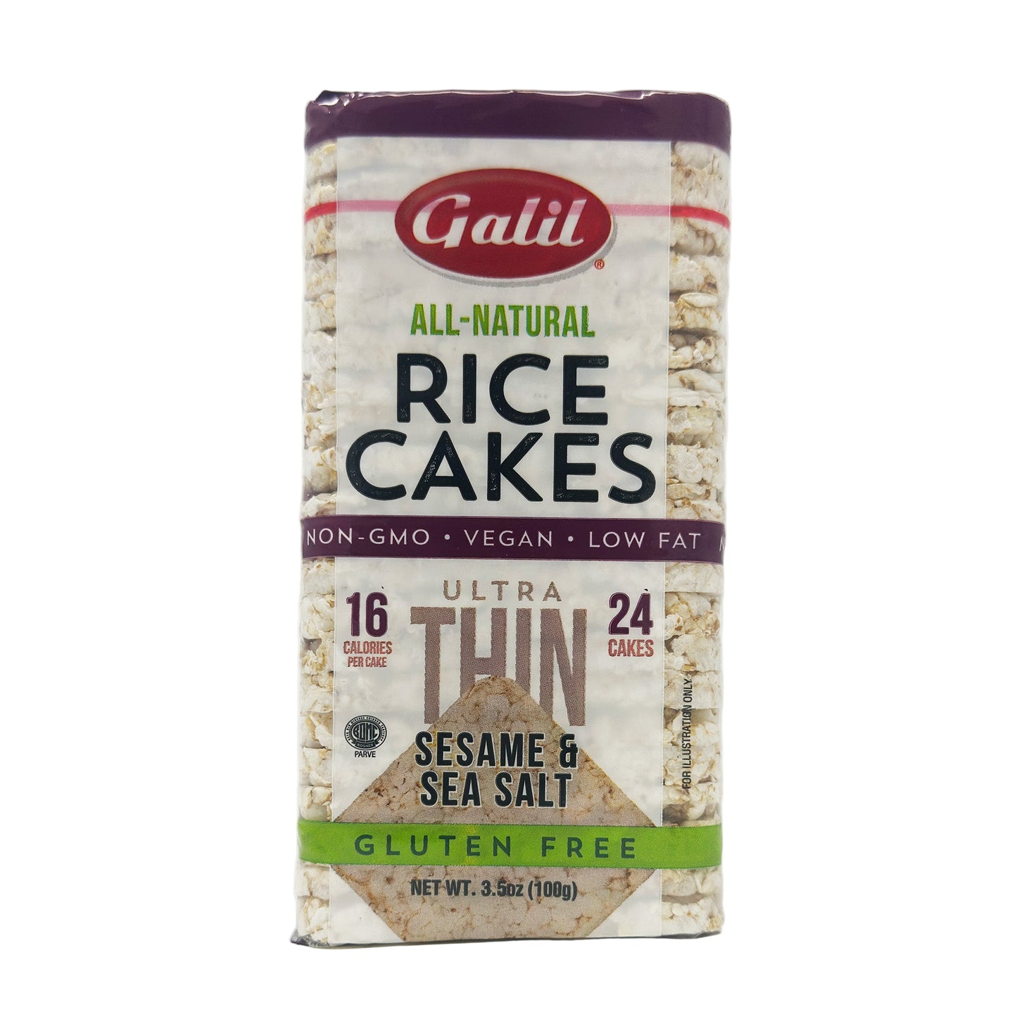 A package of Galil Rice Cakes with Sesame & Sea Salt flavor, highlighting the all-natural ingredients, non-GMO, vegan, and gluten-free aspects.