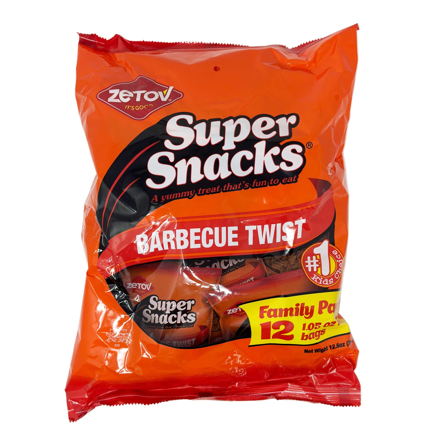 A package of Zetov Super Snacks BBQ Twists Family Pack with a red and orange color scheme, containing 12.6 oz of product.