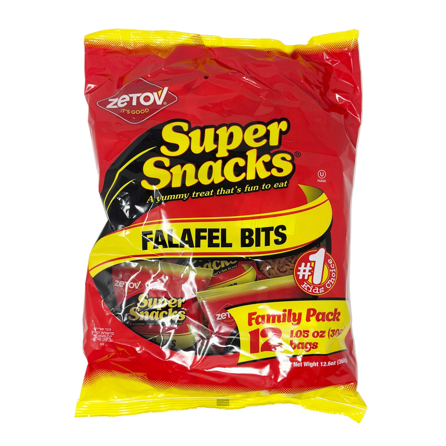 A pack of Zetov Super Snacks Falafel Bits. The pack is predominantly red and yellow with images of the falafel bits and the brand logo.