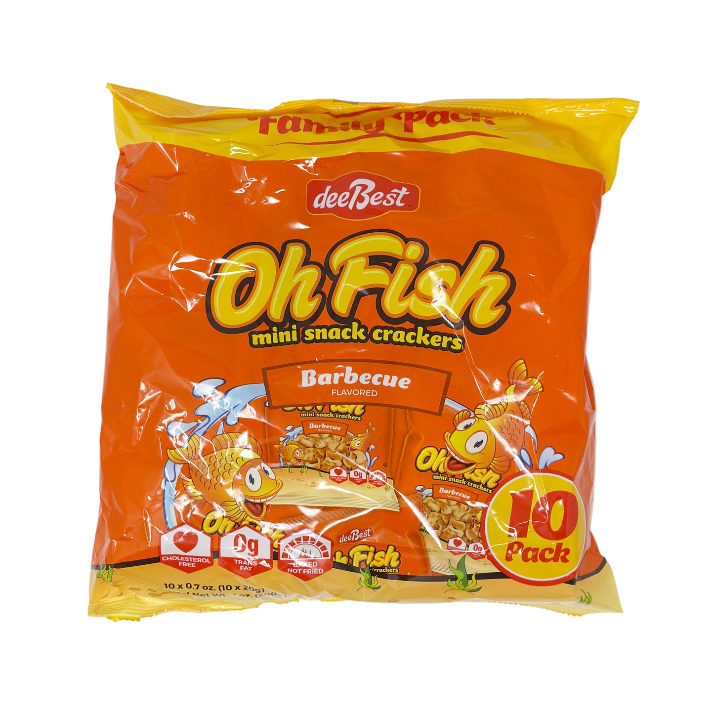A package of deeBest Oh Fish Mini Snack Cakes with Barbecue flavor in a yellow bag.