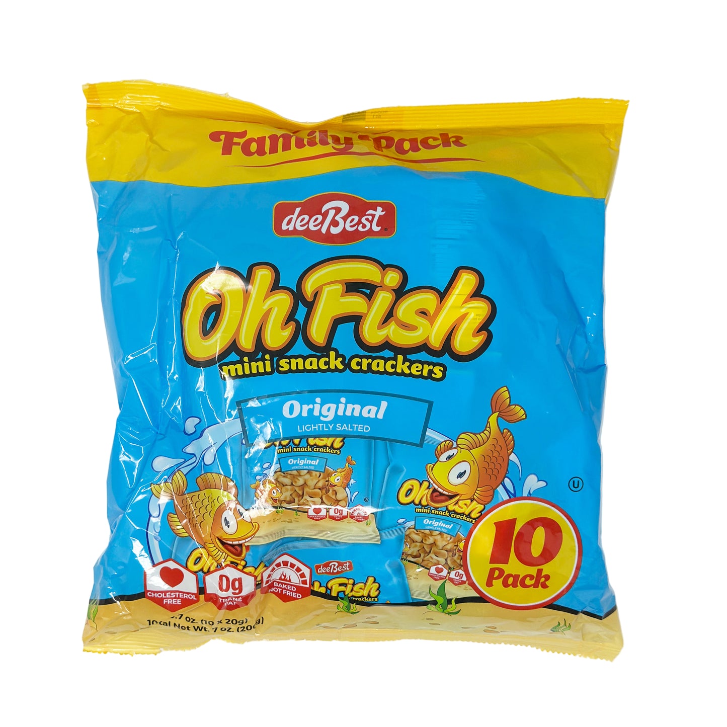 A pack of deeBest Oh Fish Mini Snack Crackers. The packaging is predominantly yellow with images of the crackers and a cartoon fish.