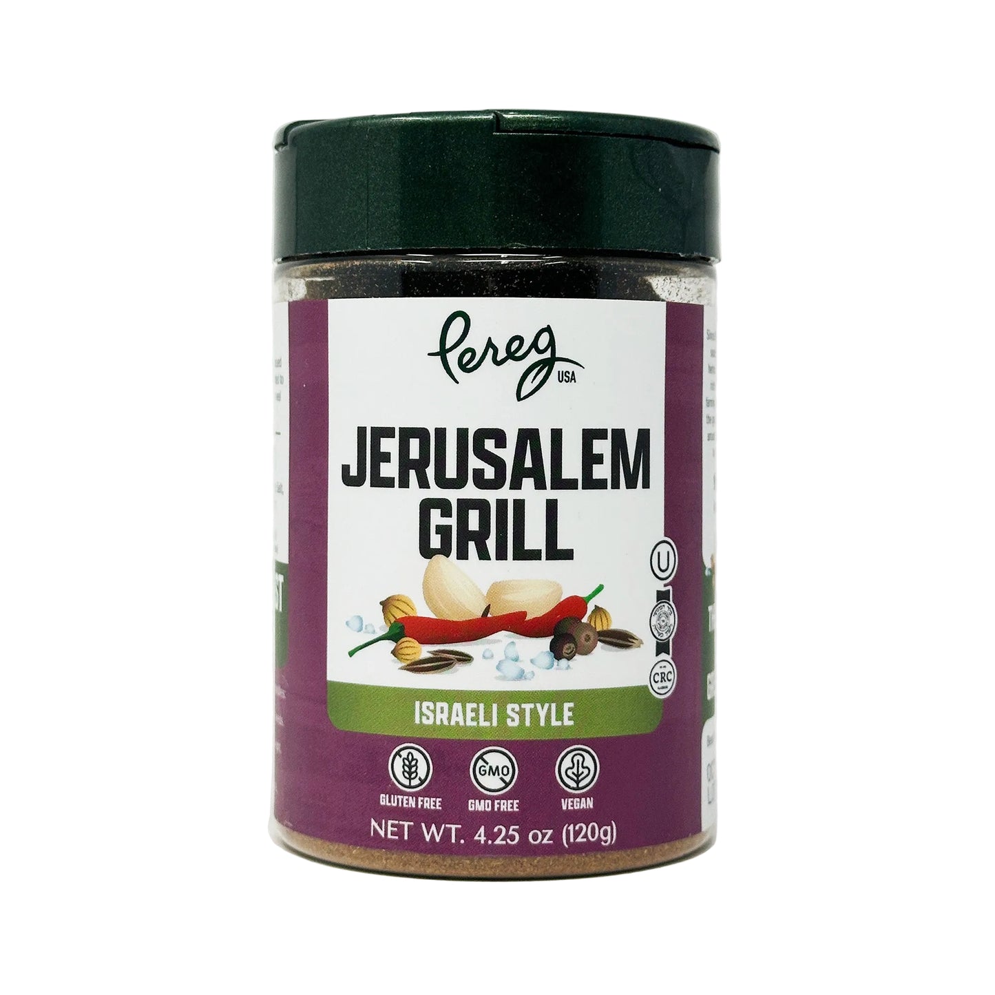 A jar of Pereg Jerusalem Grill Seasoning with a label showing the product name and an image of a spice blend. The jar is on a white background.