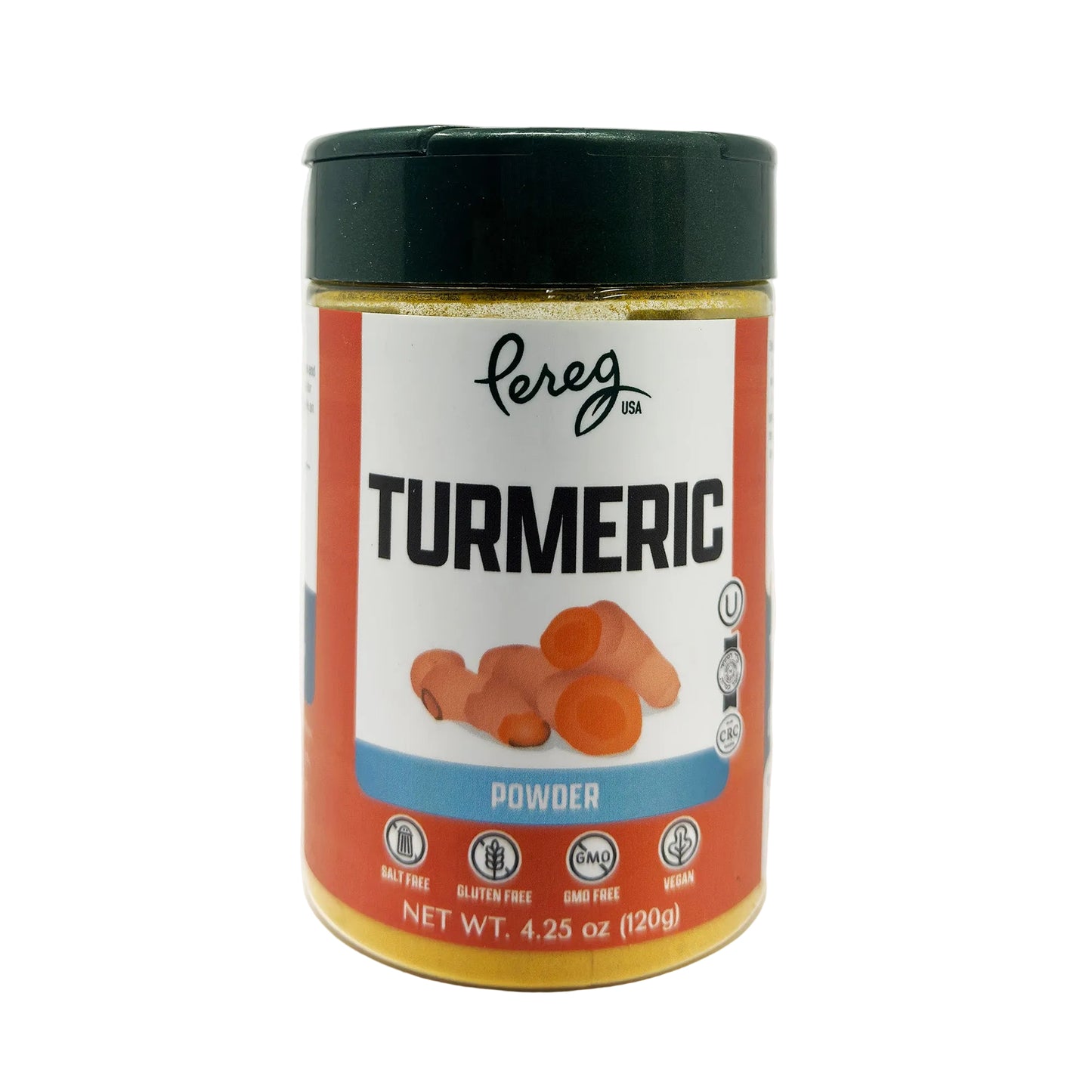 A container of Pereg Turmeric Powder, 4.25 oz size, with the label showing the product name and an image of turmeric roots.