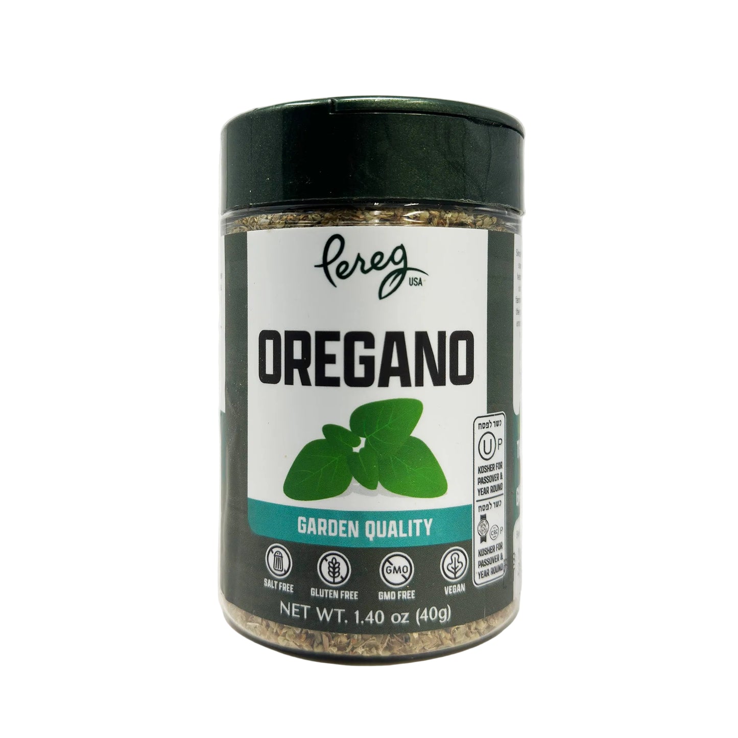A container of Pereg Oregano Garden Quality with a green label, indicating that the product is gluten-free and non-GMO.