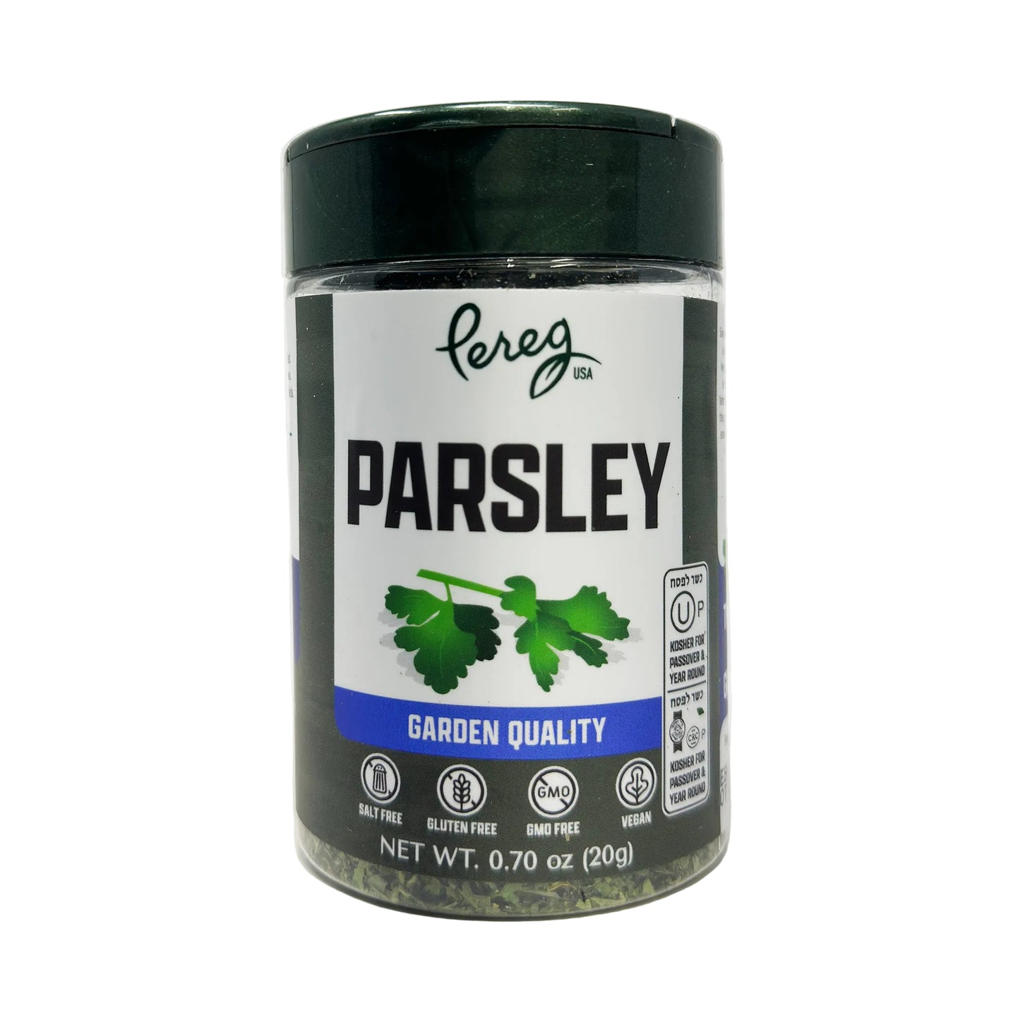 A container of Pereg Parsley Garden Quality with a label showing the brand name, product type, and additional certification symbols like gluten-free, dairy-free, and non-GMO.