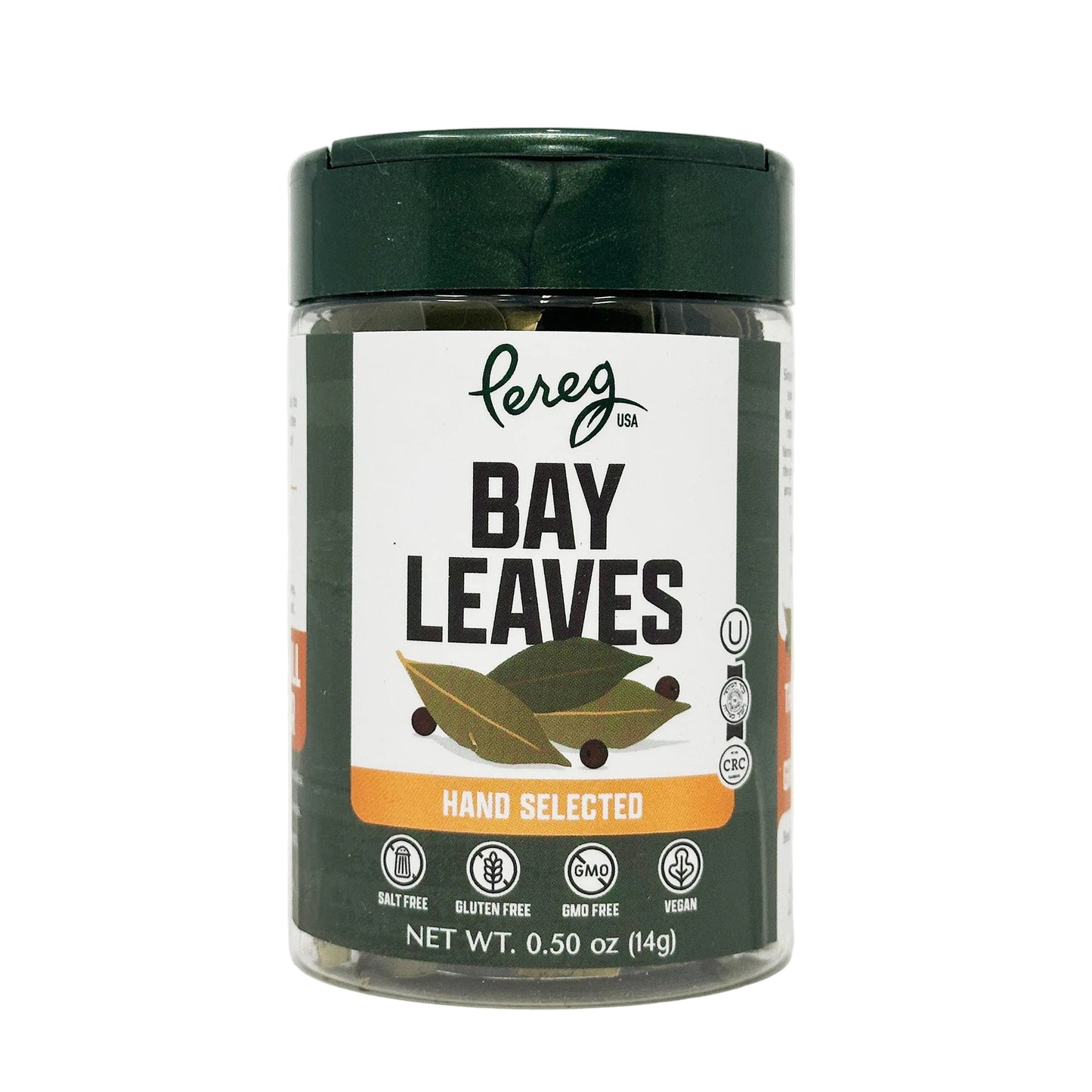 A clear plastic jar containing green bay leaves, with a green lid and a label that includes the brand 'Pereg' and the product name 'Bay Leaves Hand Selected'.