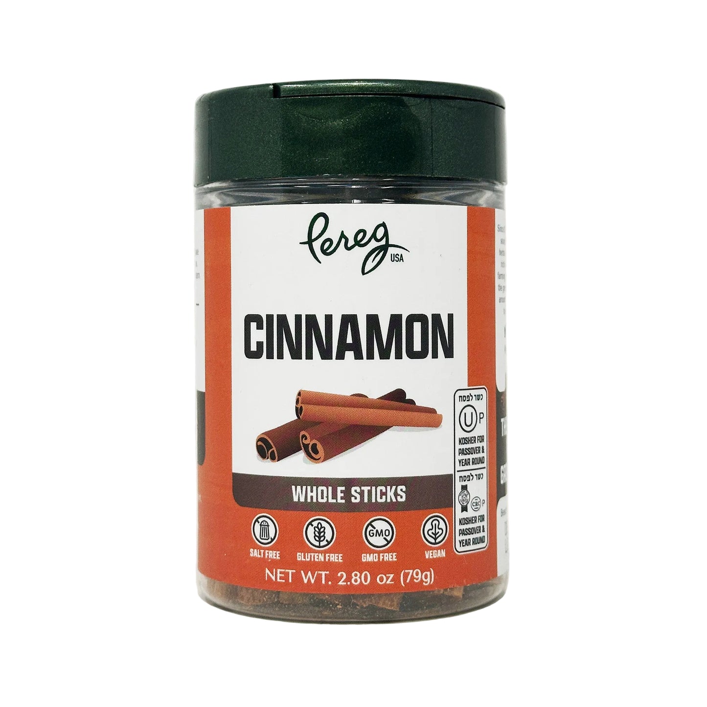 A container of Pereg Cinnamon Whole Sticks. The container is labeled with the product name and has images of cinnamon sticks.