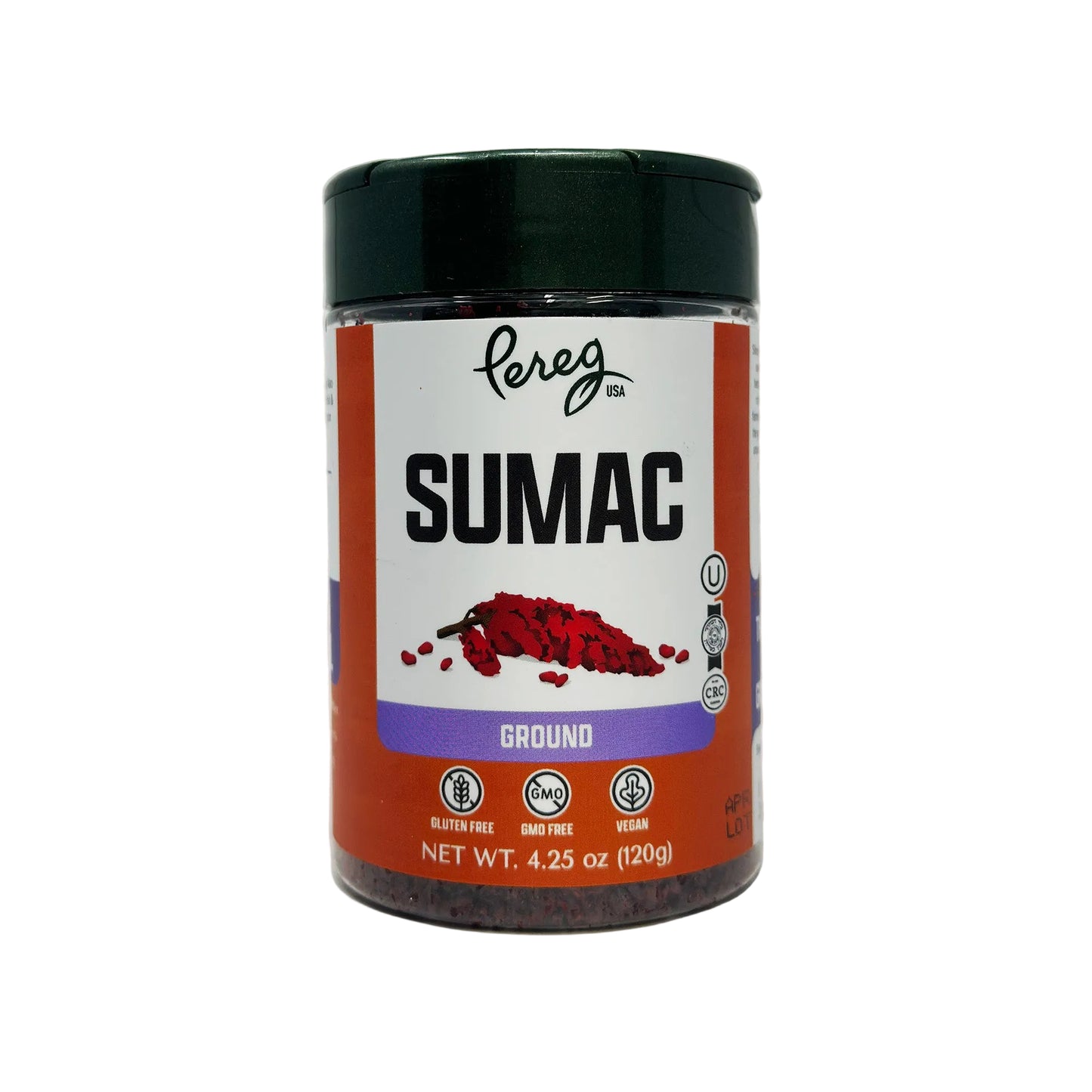 A container of Pereg Sumac Ground spice with a label showing the product name and a picture of sumac berries. The container is labeled with 'NET WT 4.