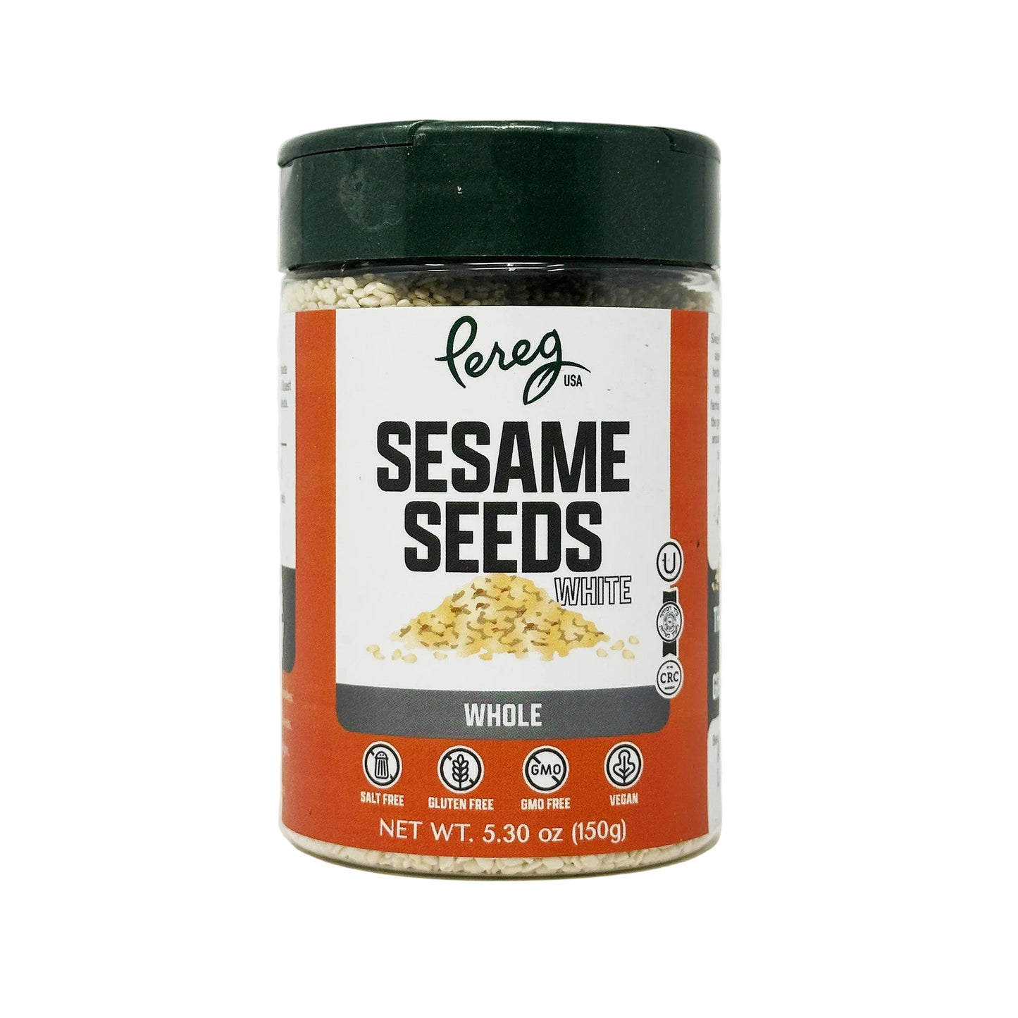 A container of Pereg White Sesame Seeds Whole in a 5.3 oz size, with the label displaying the product name and a picture of the sesame seeds.