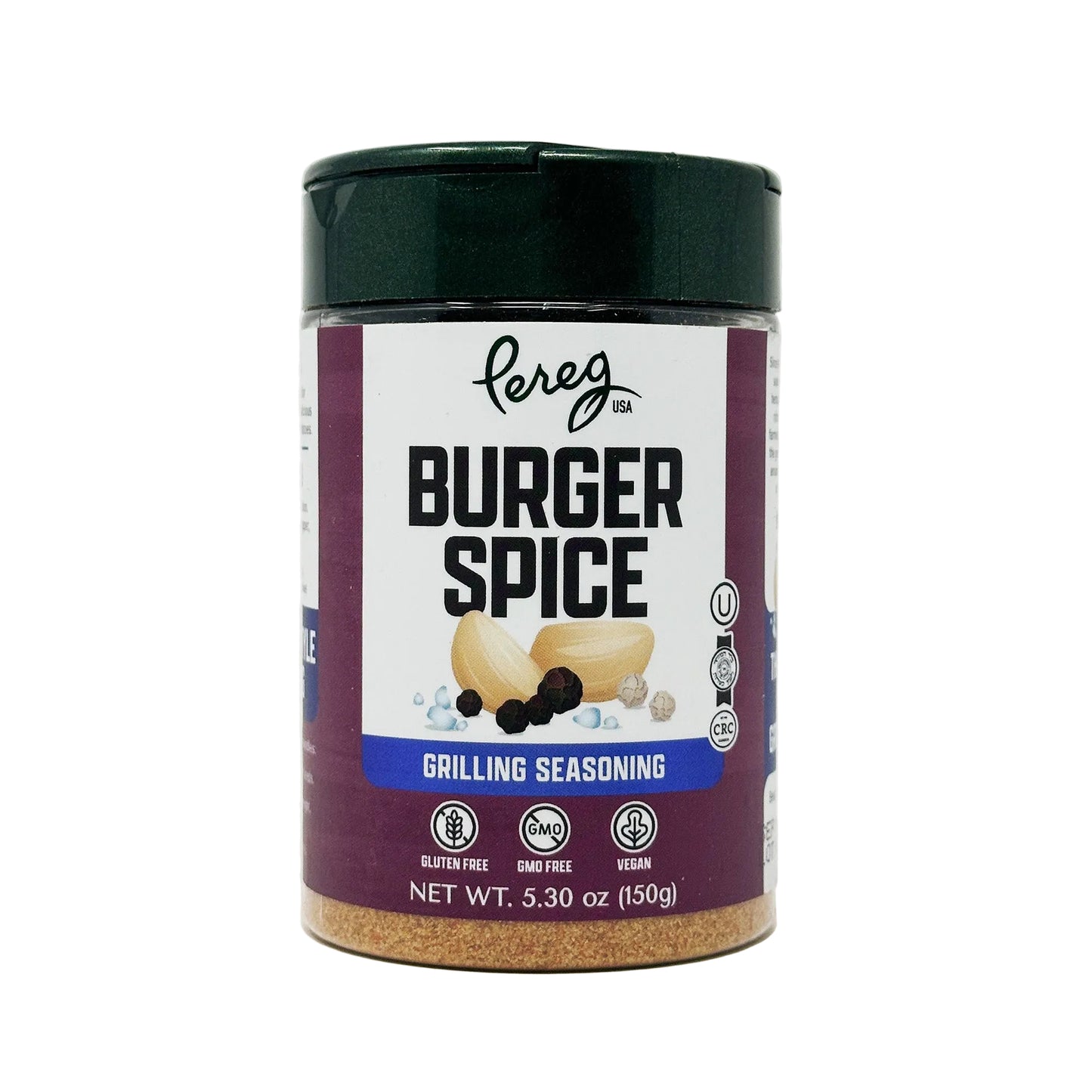 A container of Pereg Burger Spice Grilling Seasoning, 5.3 oz size, with labeling that includes the product name and a picture of a burger with spices.