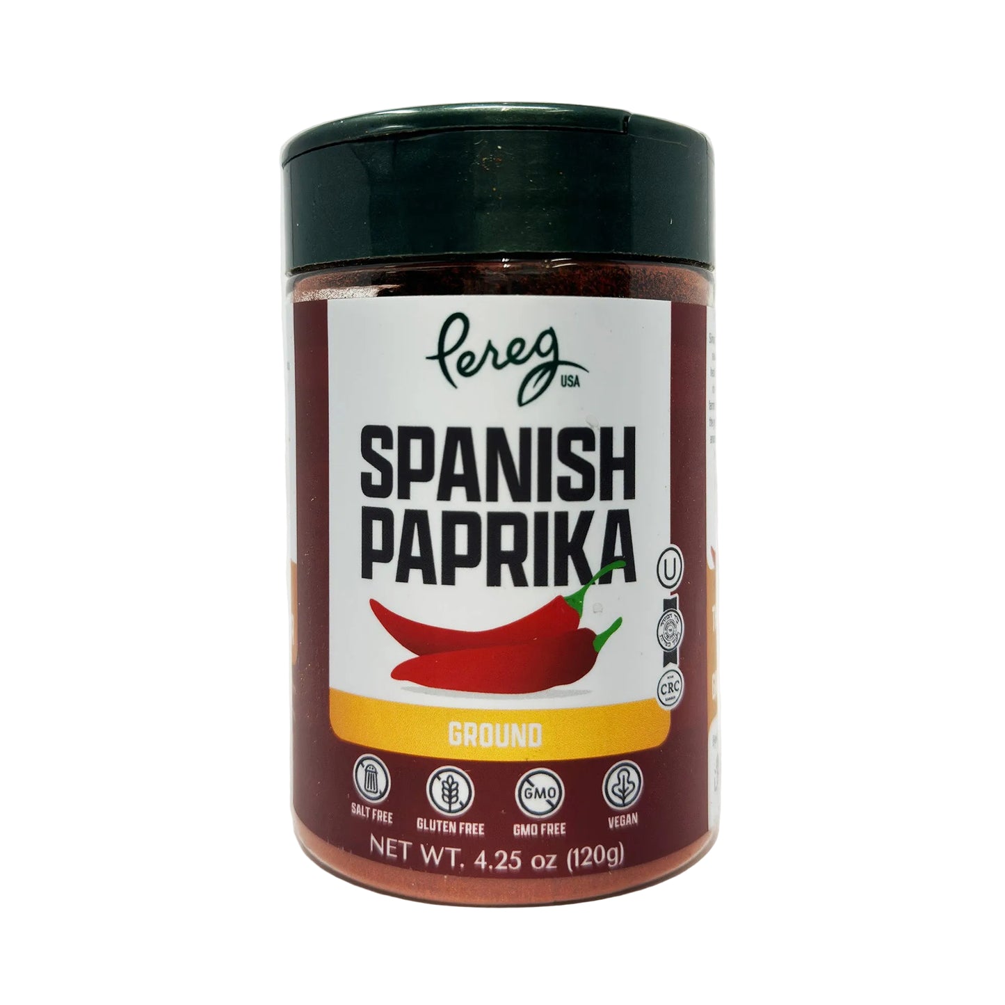 A container of Pereg Spanish Paprika Ground spice with a clear visual of the ground spice inside and the label displaying the product name, weight, and branding.