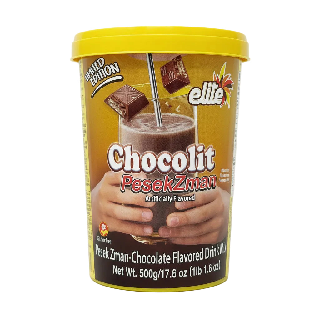 Container of Chocolit PesekZman chocolate-flavored drink mix on a white background