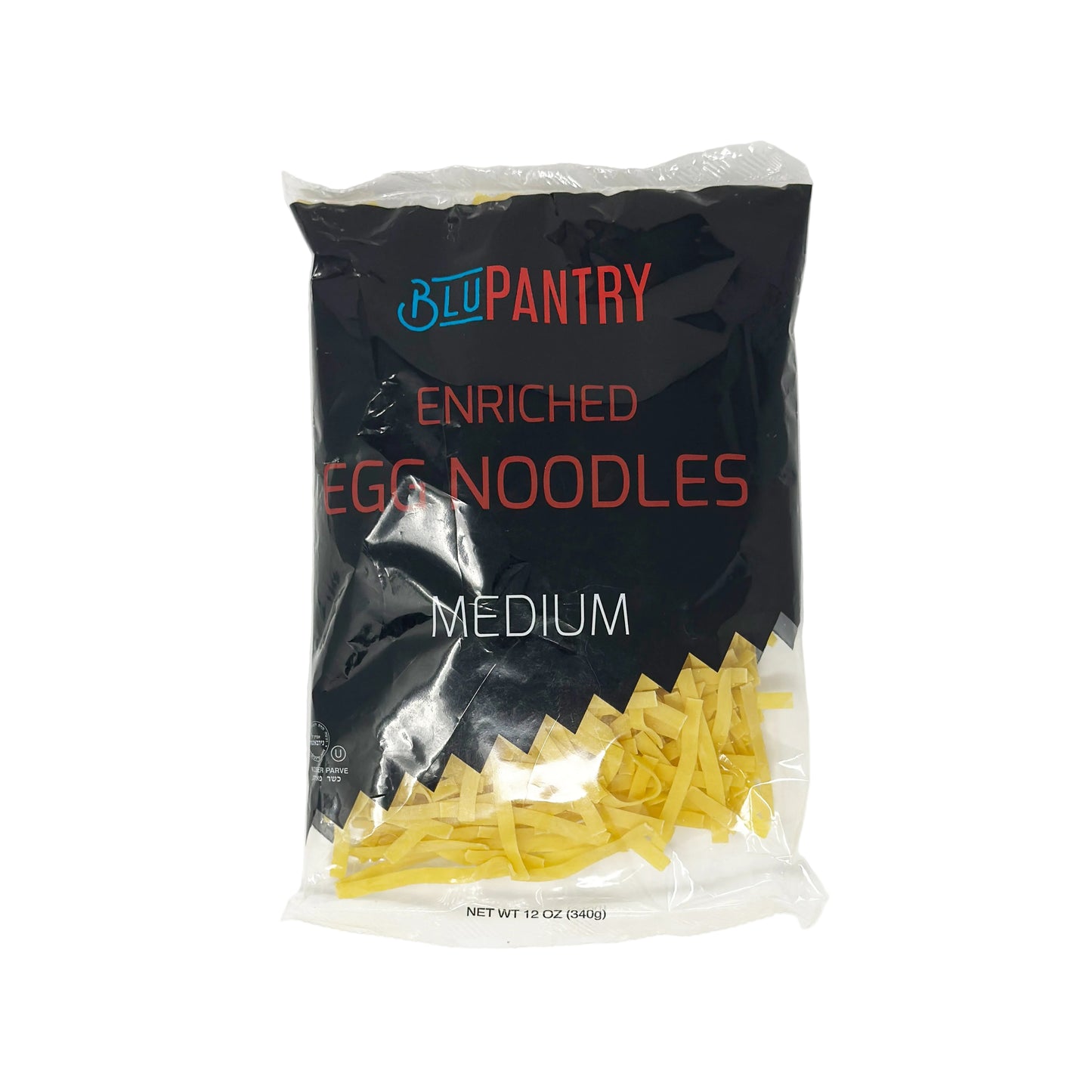 Packaged medium egg noodles in a clear plastic bag with the Blu Pantry branding and visible noodles through the packaging.
