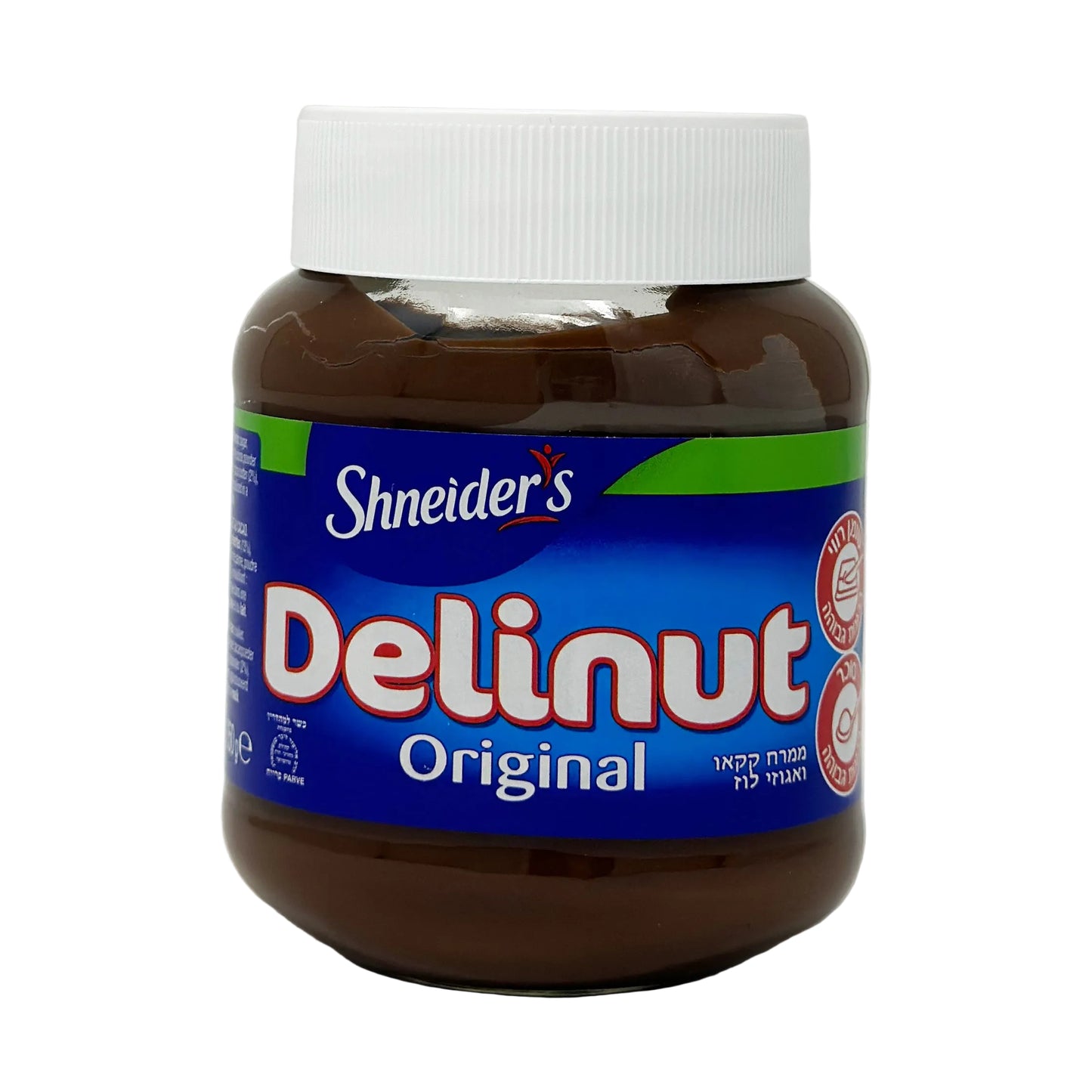 A jar of Shneider's Delinut Spread Original with a white lid on a white background.